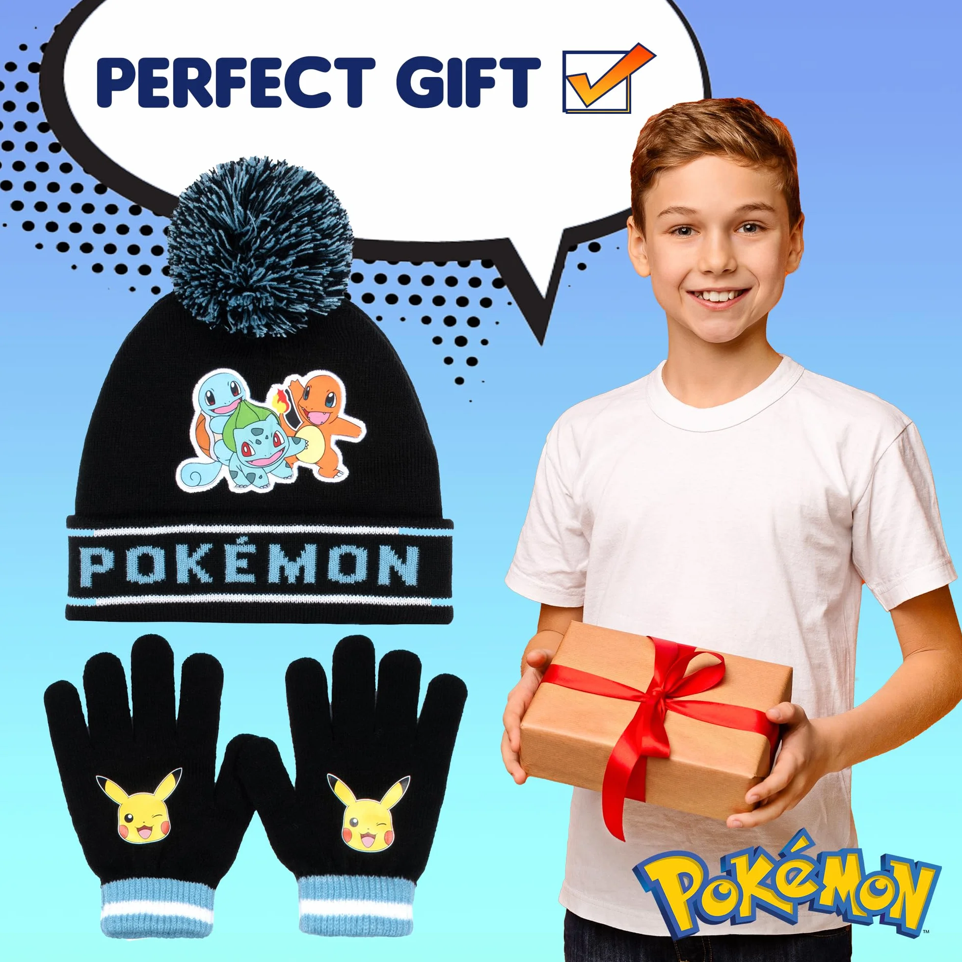 Pokemon Zimowa ciepła i wygodna czapka beanie i rękawiczki zestaw dla chłopców - wzór pikachu - idealny dla chłopców w wieku 6-12 lat - zestaw upominkowy