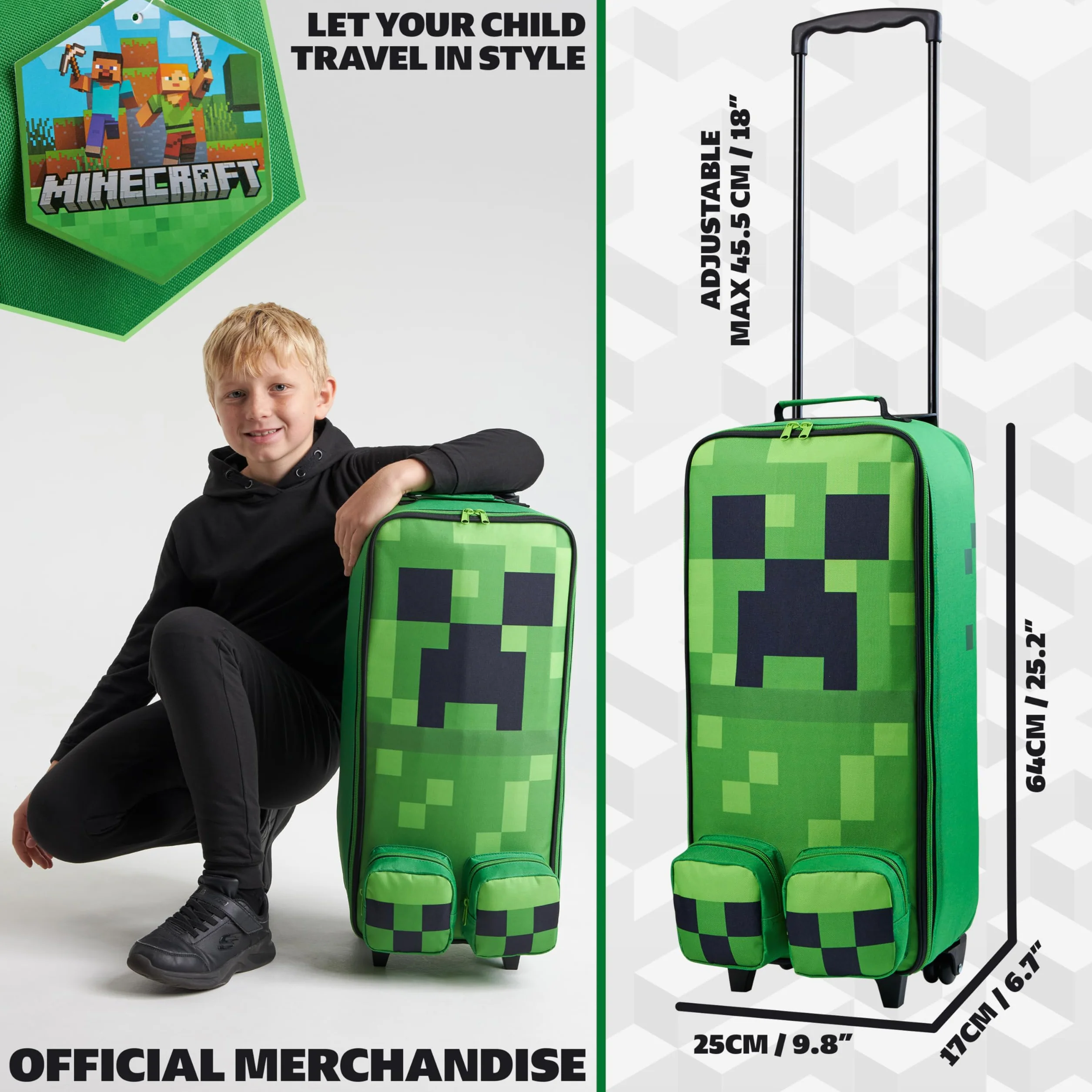 Minecraft Walizka dla Dzieci z Kołami Składana Torba na Wózku Bagażnik Torba Podróżna na Wakacje, Weekendowe Wycieczki, Niezbędniki Podróżne, ZIELONY, M (L64cm x W25cm - 17L)