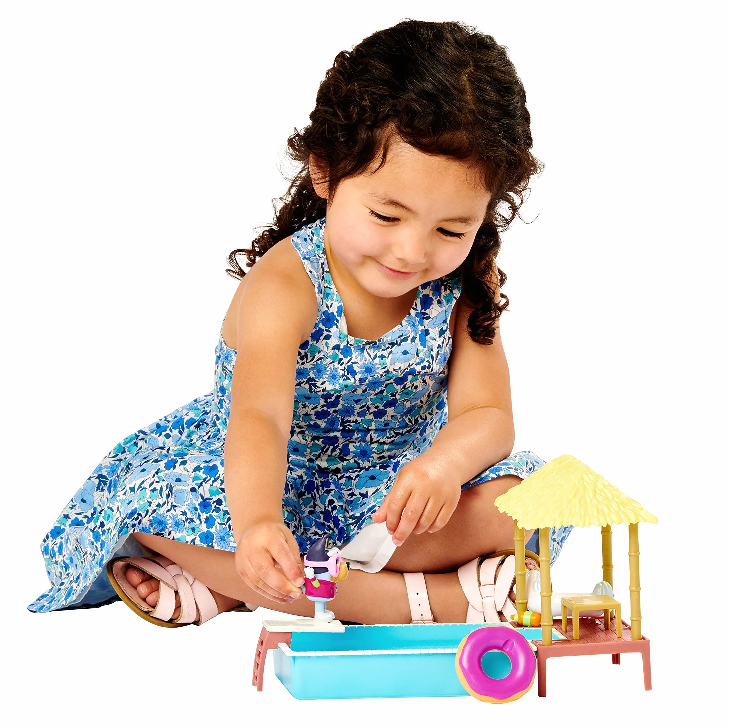 Bluey Pool Time Fun Playset: Bluey figure in Swim Suit, Pool with Diving Board and Deck and 4 Pool Accessories