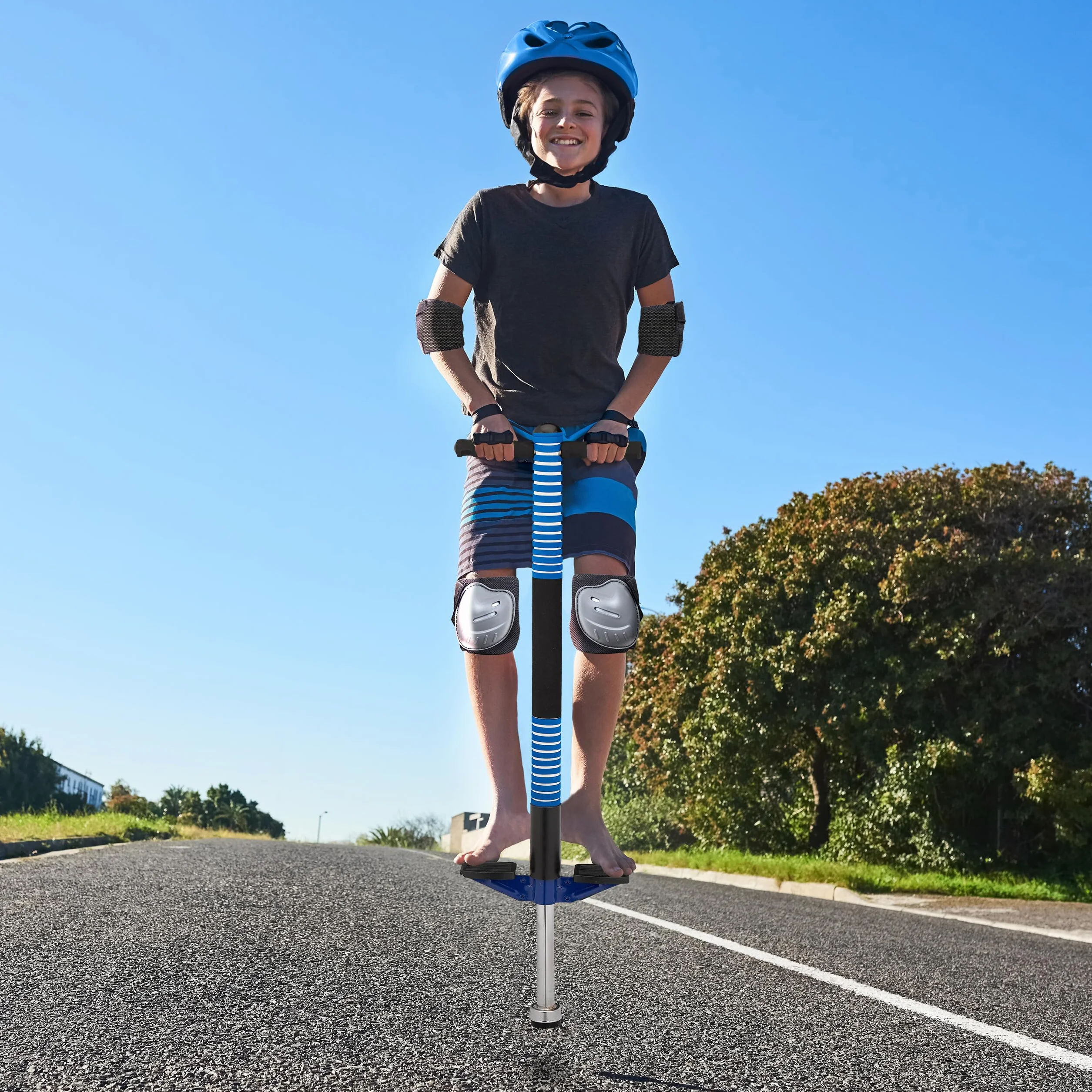 Relaxdays Kij pogo, dla dzieci, skakanka do 35 kg, wyściełana, do użytku na zewnątrz, antypoślizgowa, stal nierdzewna, niebieska