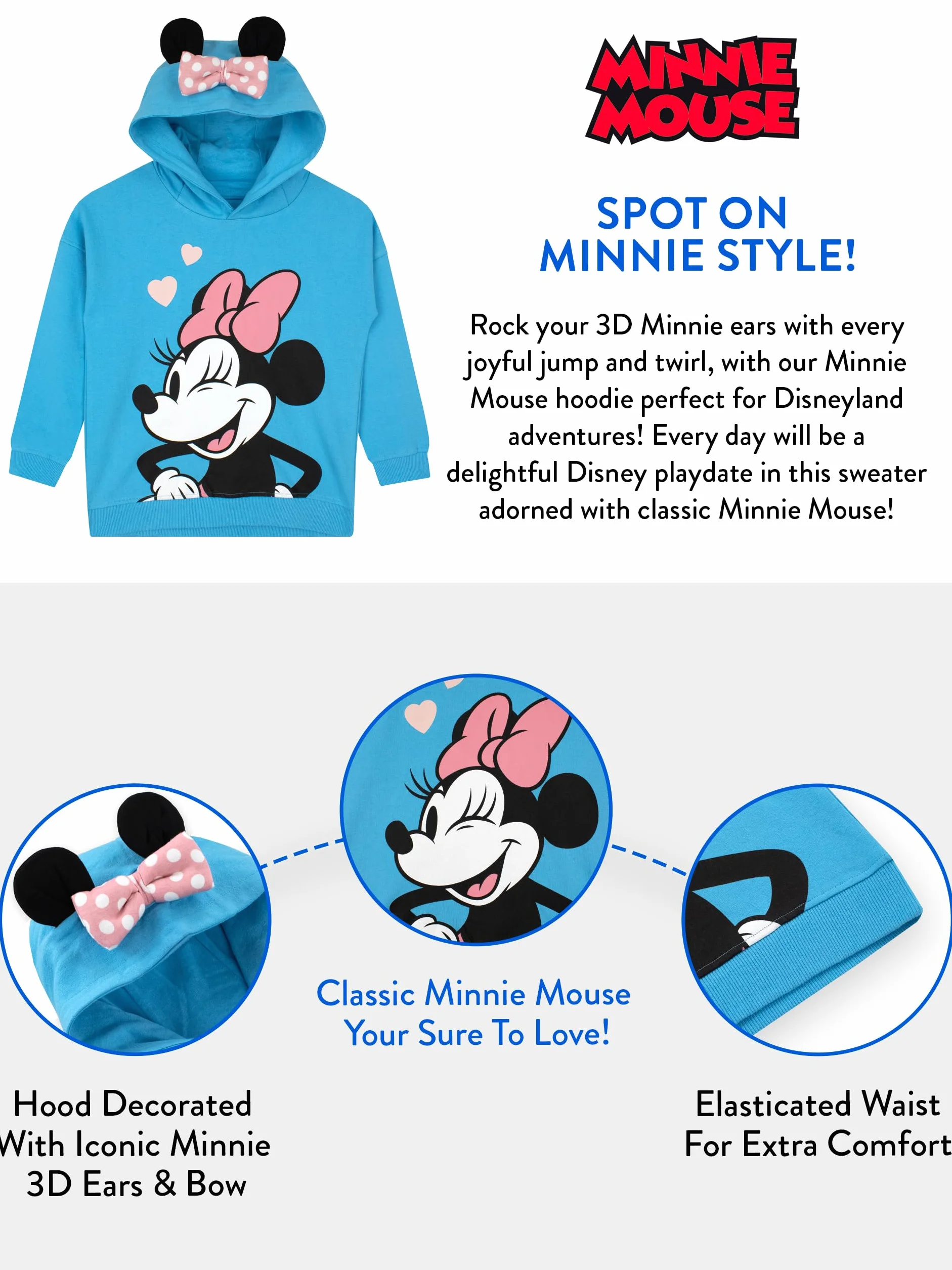 Disney Girls Minnie Mouse Hoodie | Bluza Dla Dziewczynek z Uszkami Minnie 3D | Oficjalnie Licencjonowany Merchandise Minnie Mouse