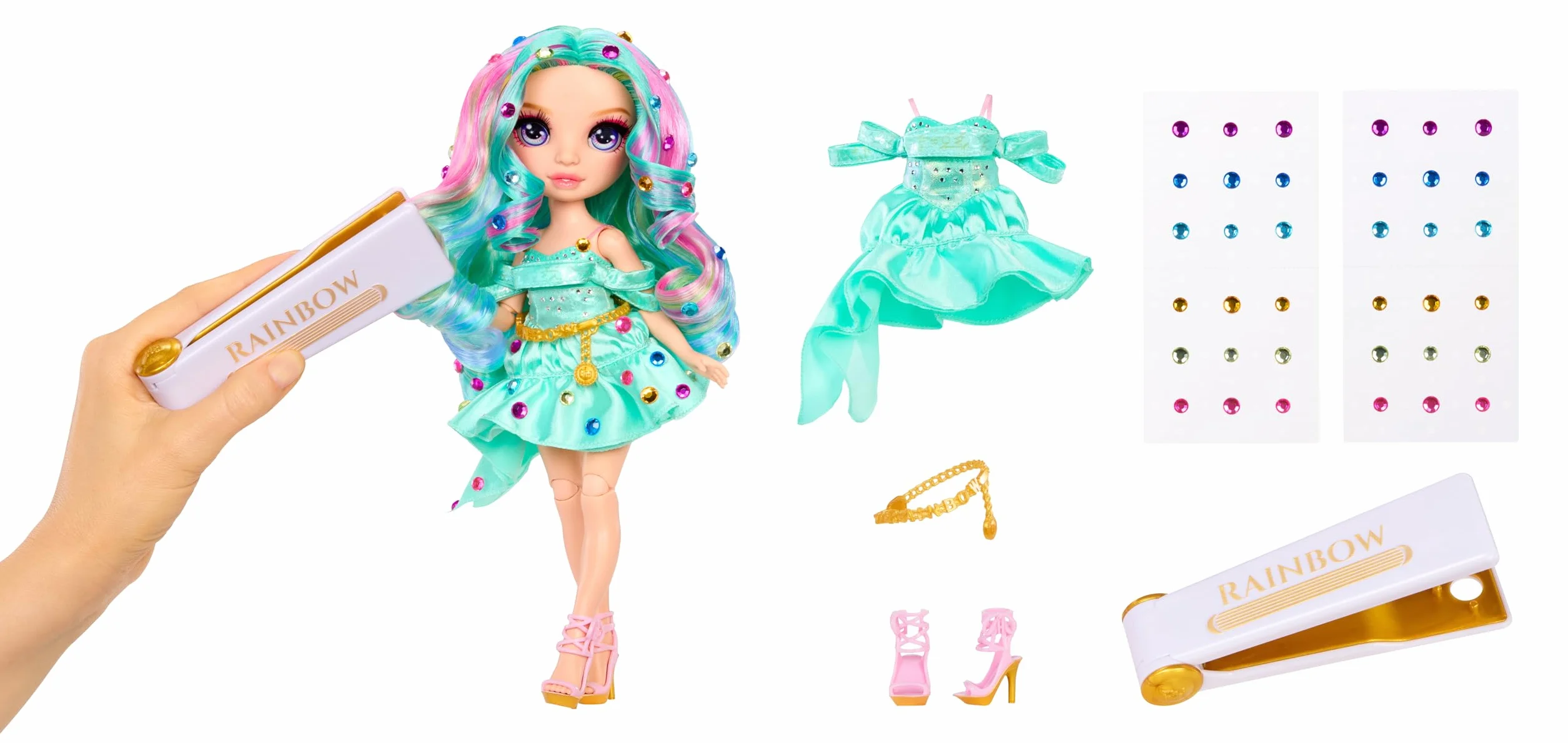 Rainbow High Be Dazzling - Celine Turquoise - 28 cm Turkusowa Modna Lalka z Narzędziem do Ozdabiania, Błyszczącymi Kryształkami i Akcesoriami do Stylizacji