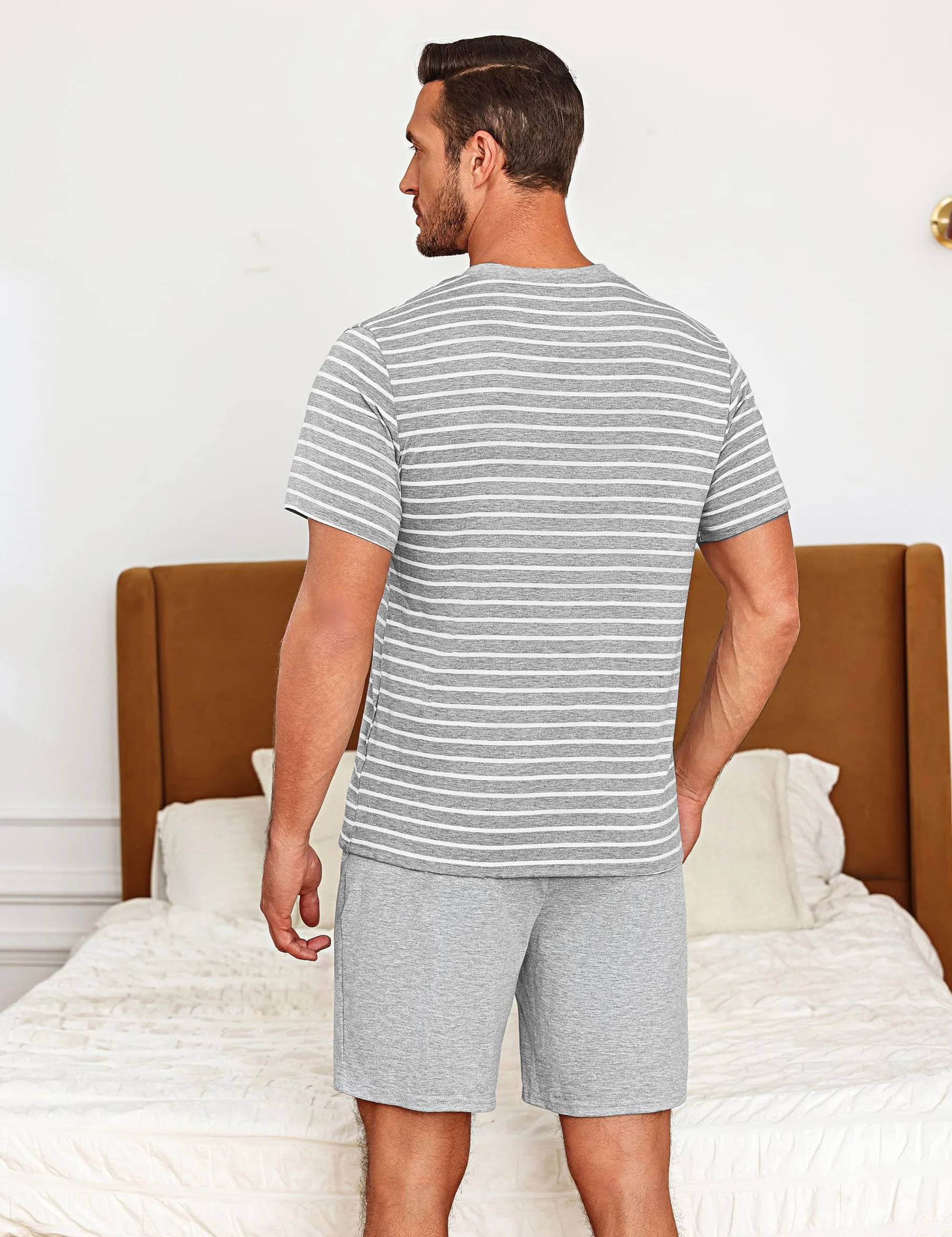 Demegimi Piżama męska krótka piżama bawełniana na lato krótki rękaw T-shirt okrągły dekolt bielizna nocna w paski
