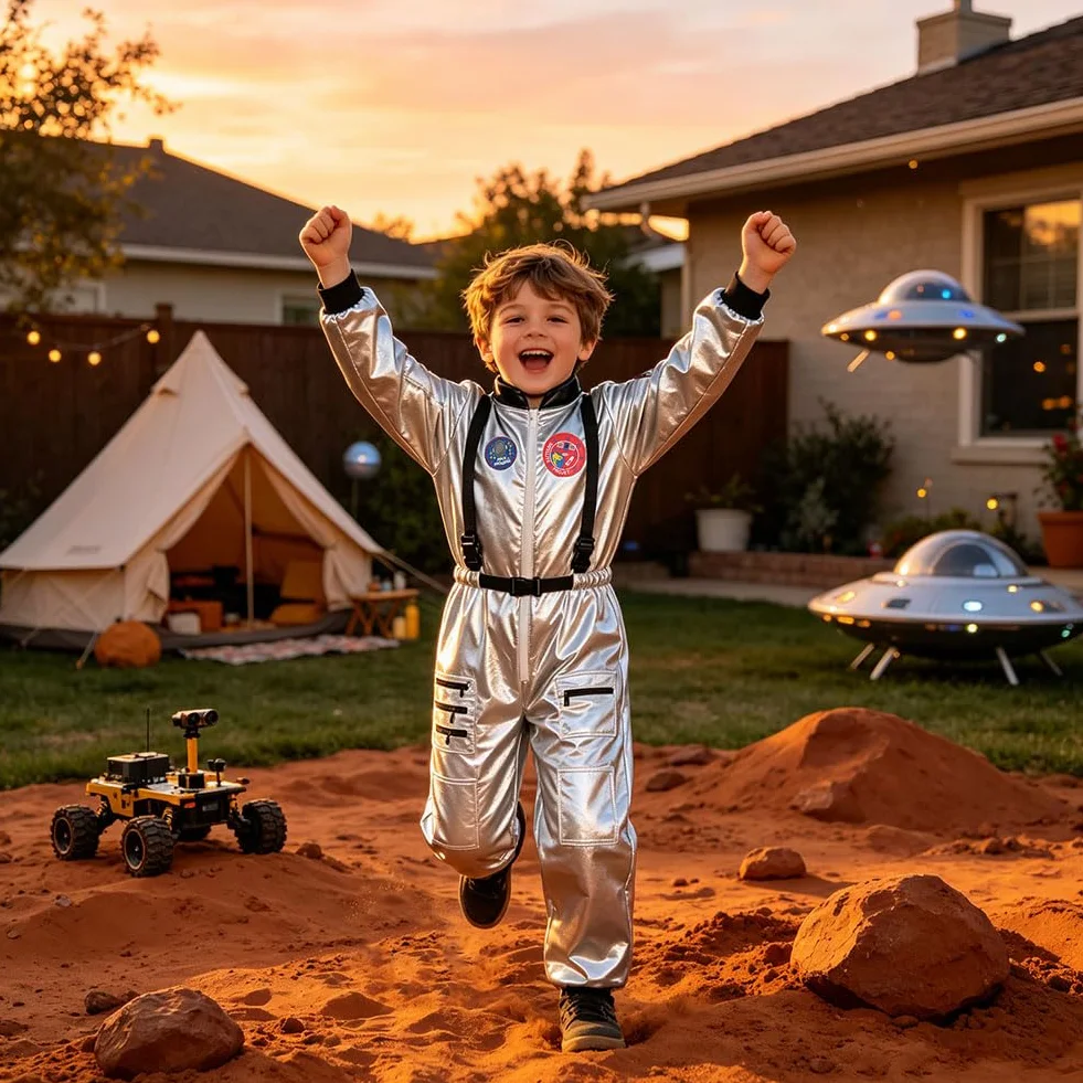 AUYAO Kostium dla dzieci unisex astronauta, dziecięcy srebrny kostium astronauta, kostium kosmiczny dla chłopców i dziewcząt na karnawał Halloween Boże Narodzenie Cosplay (3-12 lat)