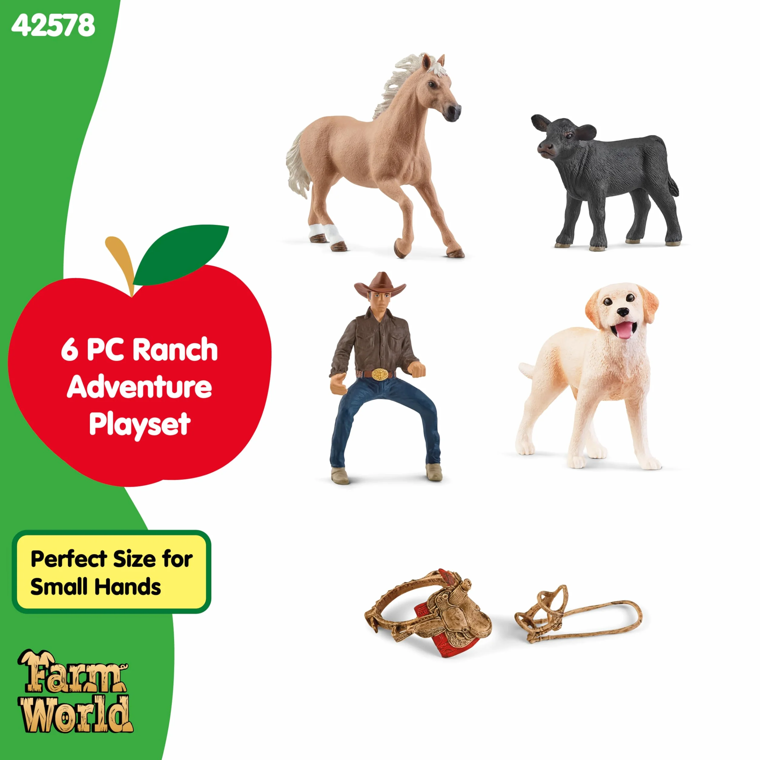 Schleich FARM WORLD | Jazda westernowa 42578 | zestaw farma z kowbojem, koniem, cielęciem i psem z uzdą i siodłem | akcesoria rodeo western | zabawka farma od 3 lat | zestaw 6 elementów