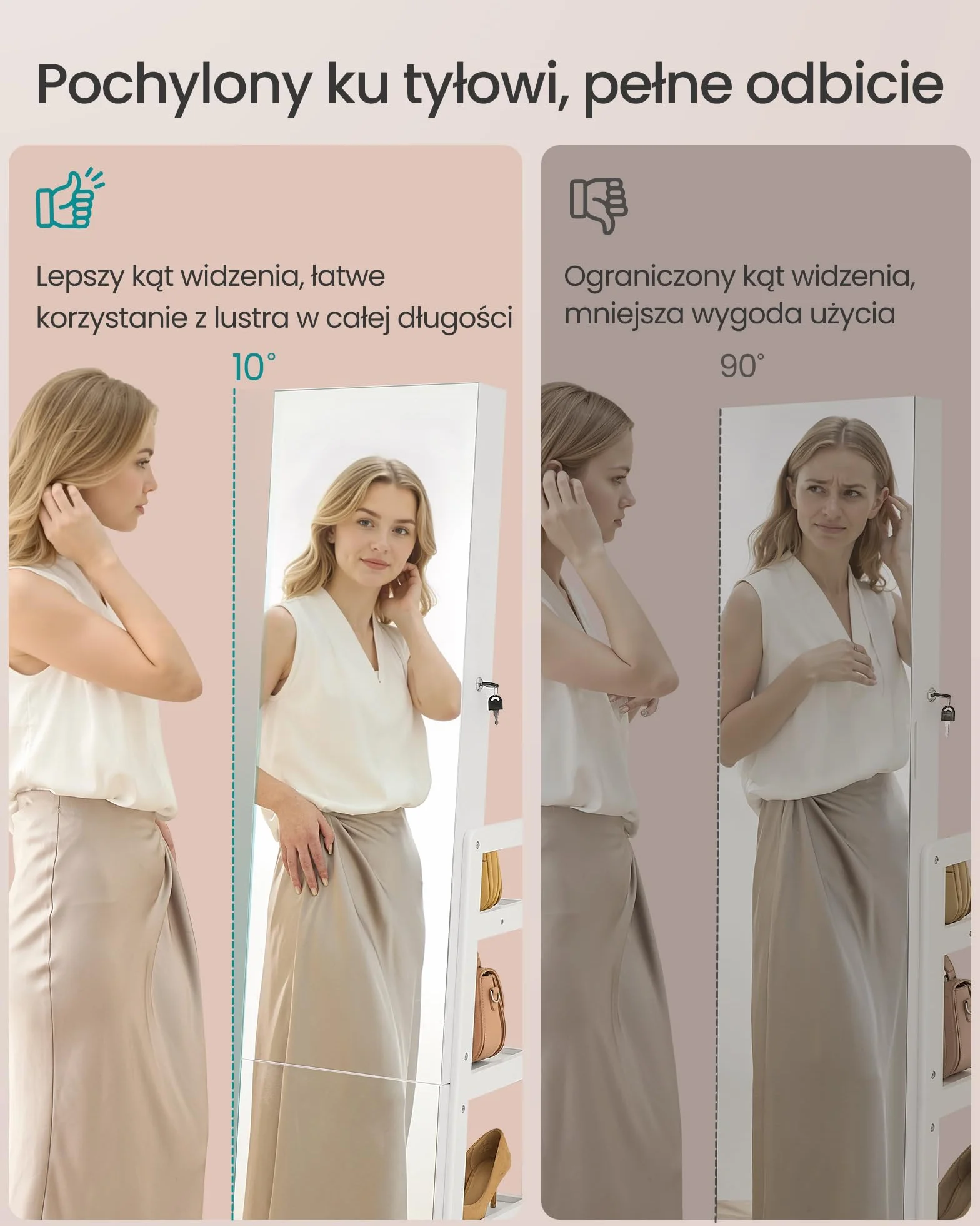 SONGMICS Szafka na biżuterię, przechowywanie biżuterii, pełne lustro, 4 półki do przechowywania, wbudowane oświetlenie, obrót o 360°, do sypialni, garderoby lub przedpokoju, biała chmura JJC027WH01