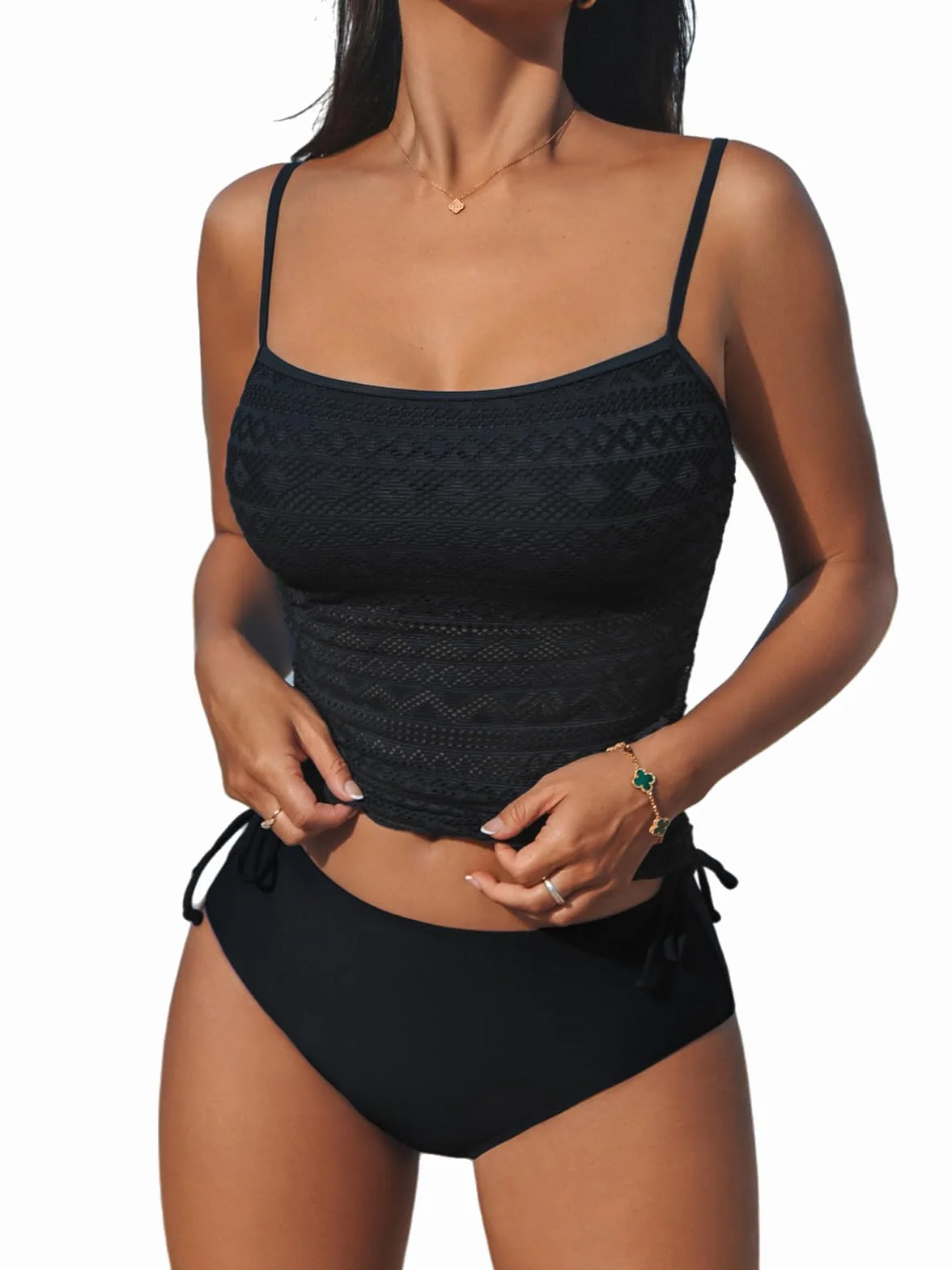CUPSHE Damskie zestawy tankini dwuczęściowy strój kąpielowy kwadratowy dekolt siateczkowy strój kąpielowy regulowane ramiączka spaghetti sznurek kostium kąpielowy