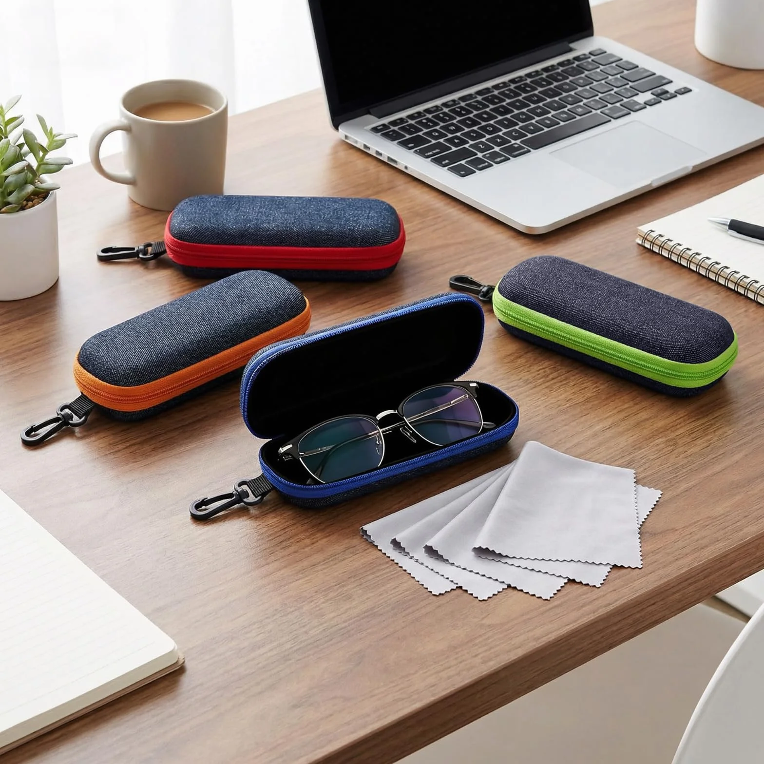 Etui na okulary, 4 sztuki, materiał dżinsowy, twarde etui na okulary przeciwsłoneczne, etui z karabińczykiem i 4 ściereczkami do czyszczenia, do okularów sportowych, rowerowych, do czytania