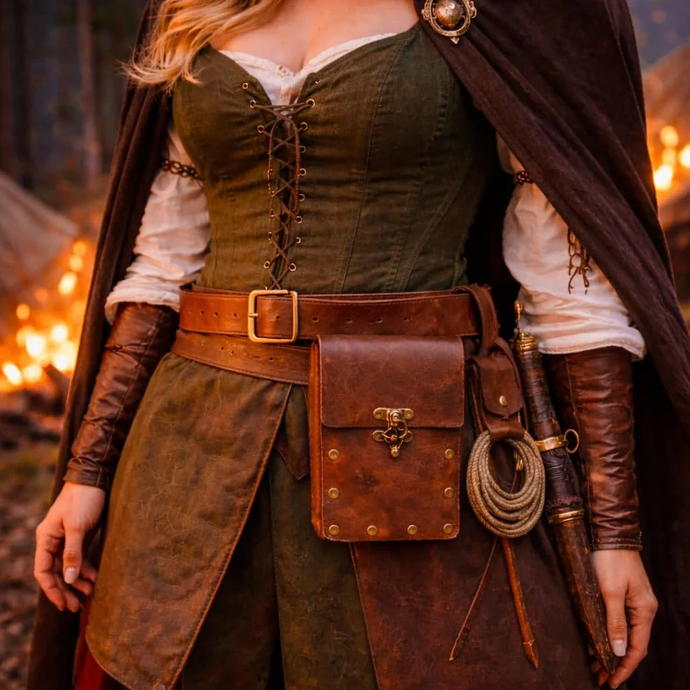 Średniowieczny pas GüRtel, akcesorium piratów, średniowieczna torba, skórzany pasek, renesans, cosplay, akcesoria kostiumowe, modna, skórzana torba, brązowy