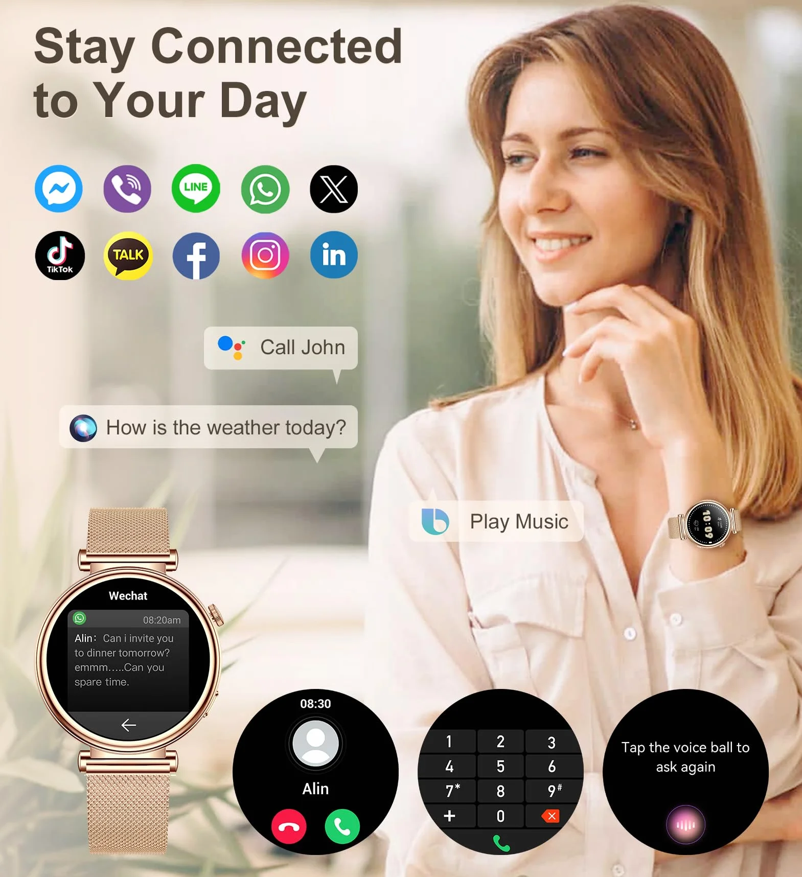 Smartwatch damski z funkcją telefonu, 1,27" HD ekran dotykowy 41 mm, tracker fitness z 100+ trybami sportowymi, monitorem cyklu menstruacyjnego, monitorem snu, krokomierzem, okrągły Smart Watch do iOS