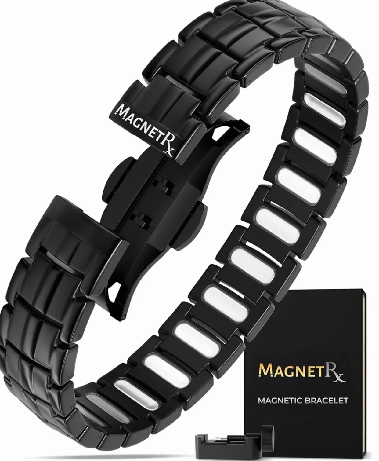 MagnetRX® męska bransoletka magnetyczna EllipseMAX 5X – magnesy 5000 Gauss – zaprojektowana w USA, patent w toku – premium bransoletka z tytanu, regulowana długość (czarna)