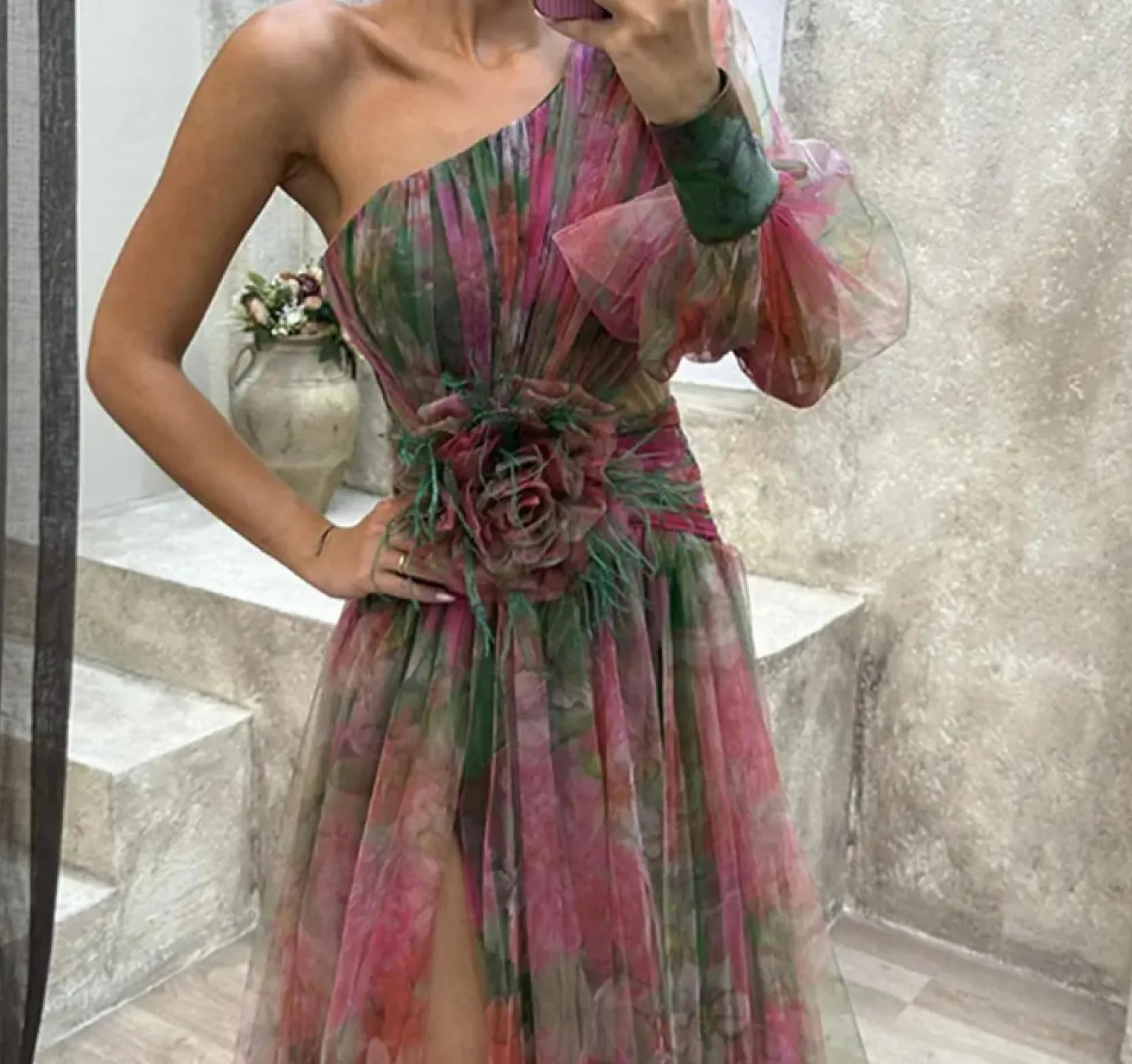 Sukienki dla kobiet elegancka damska suknia wieczorowa na jedno ramię warstwowa tie-dye nadruk kwiatowy róża siatka podzielony brzeg suknia balowa sukienka