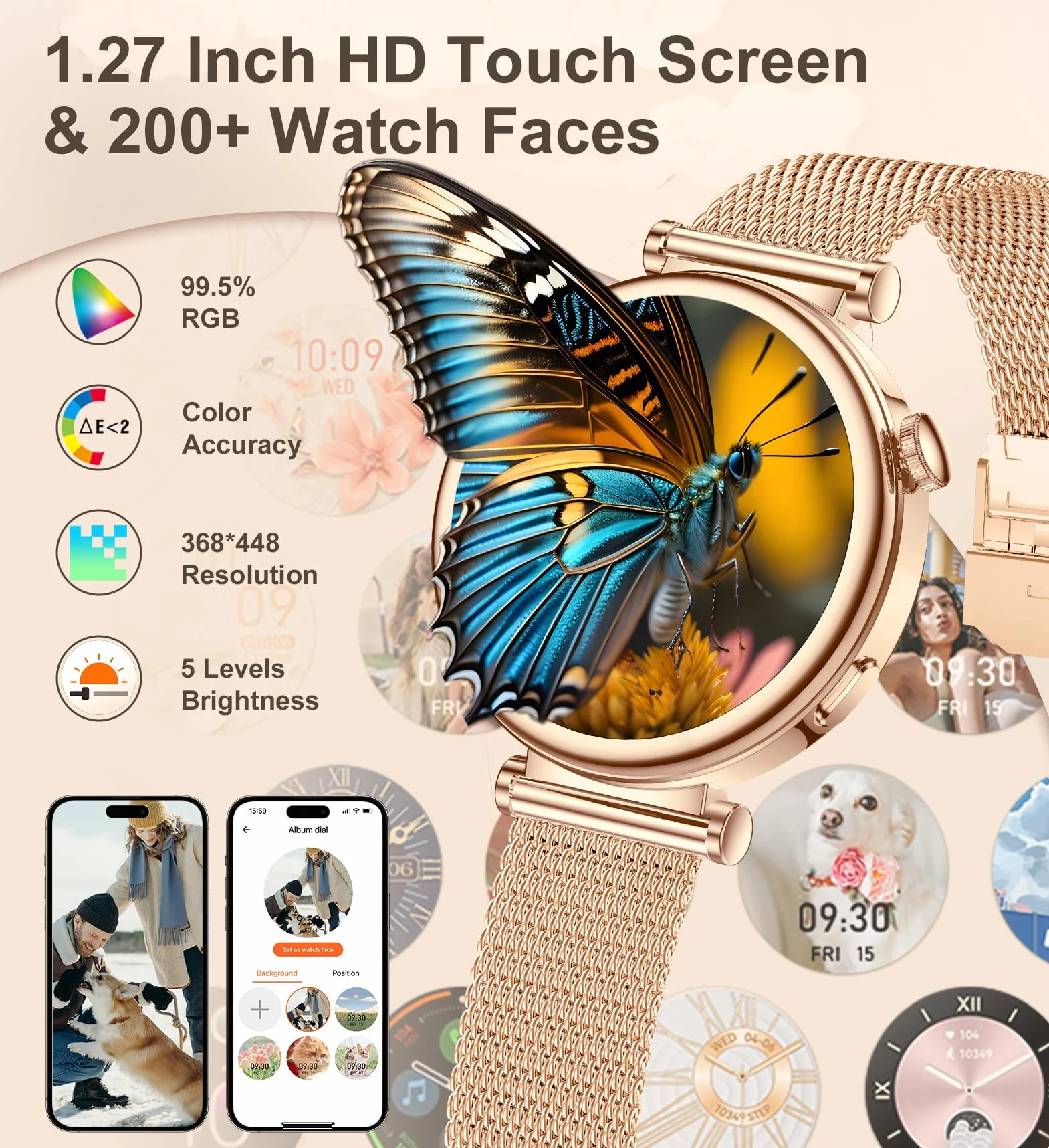 Smartwatch damski z funkcją telefonu, 1,27" HD ekran dotykowy 41 mm, tracker fitness z 100+ trybami sportowymi, monitorem cyklu menstruacyjnego, monitorem snu, krokomierzem, okrągły Smart Watch do iOS