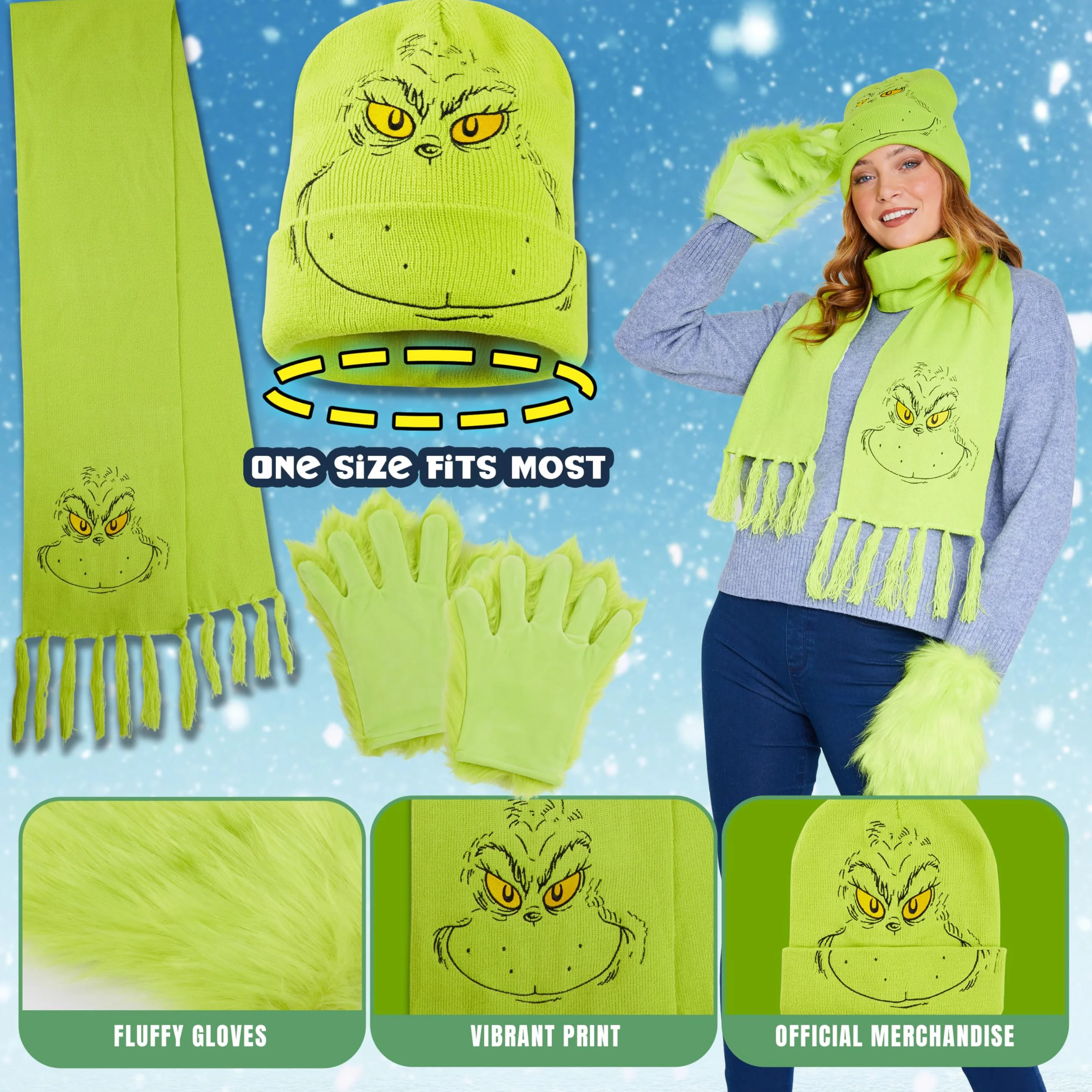 Zestaw zimowych akcesoriów The Grinch dla kobiet, mężczyzn i nastolatków - czapka, szalik i rękawiczki