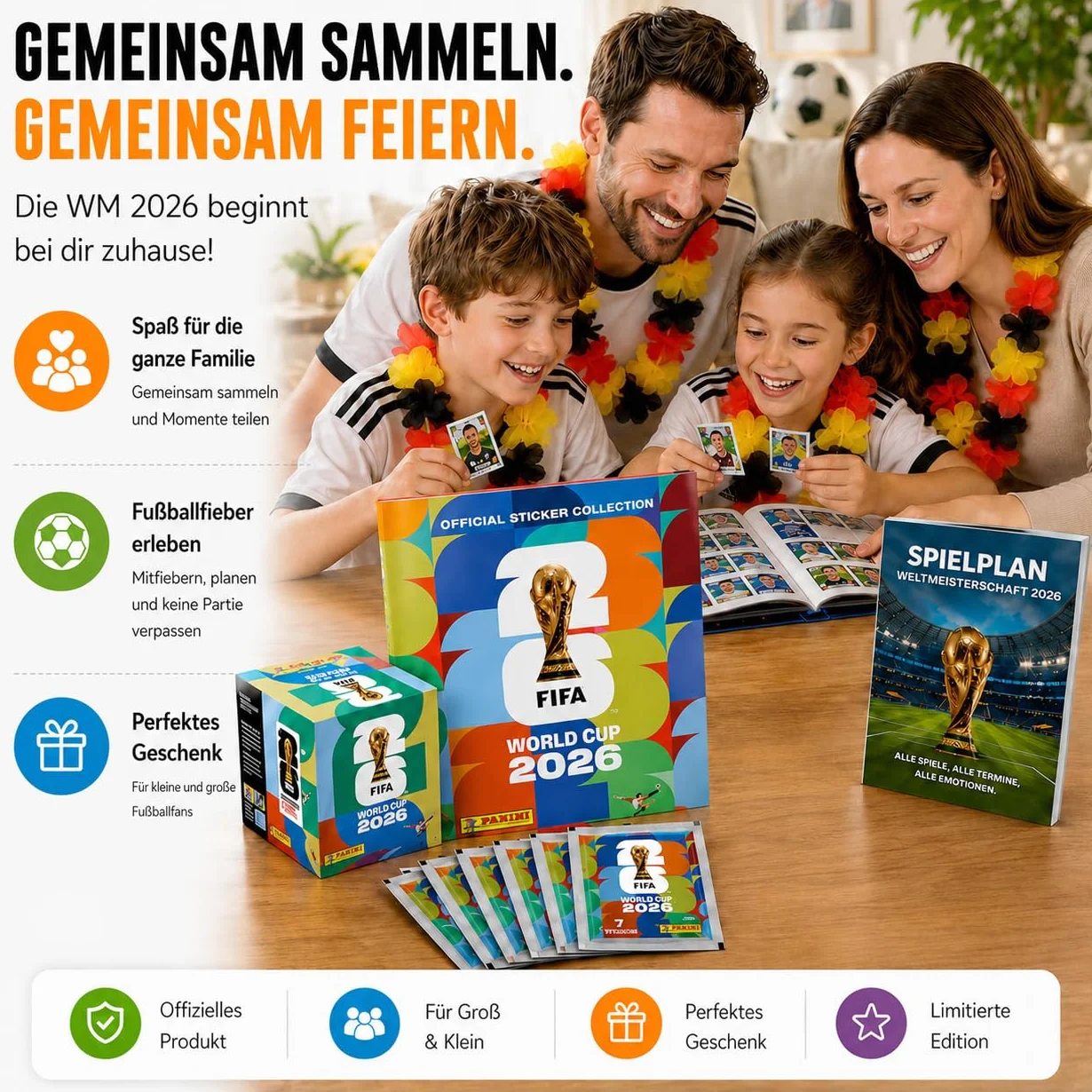 Panini WM 2026 zestaw naklejek i albumów – Mistrzostwa Świata 2026 – piłka nożna – z łańcuszkiem z kwiatów – album – plan meczów (1 torba/13 naklejek)
