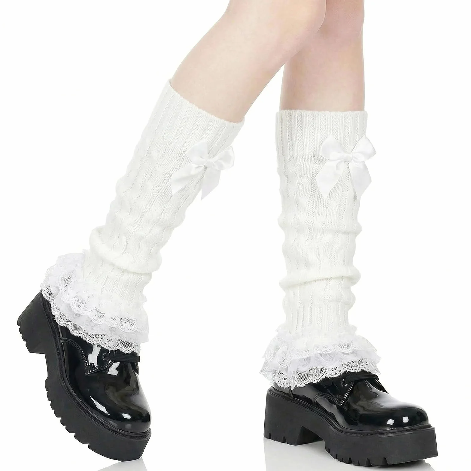 Leg Warmers Y2K, wysokie do kolan ocieplacze na nogi z kokardką i koronką, dziergane getry dla kobiet i dziewcząt, miękkie ocieplacze na nogi do kostiumu , na imprezę, na co dzień i jako
