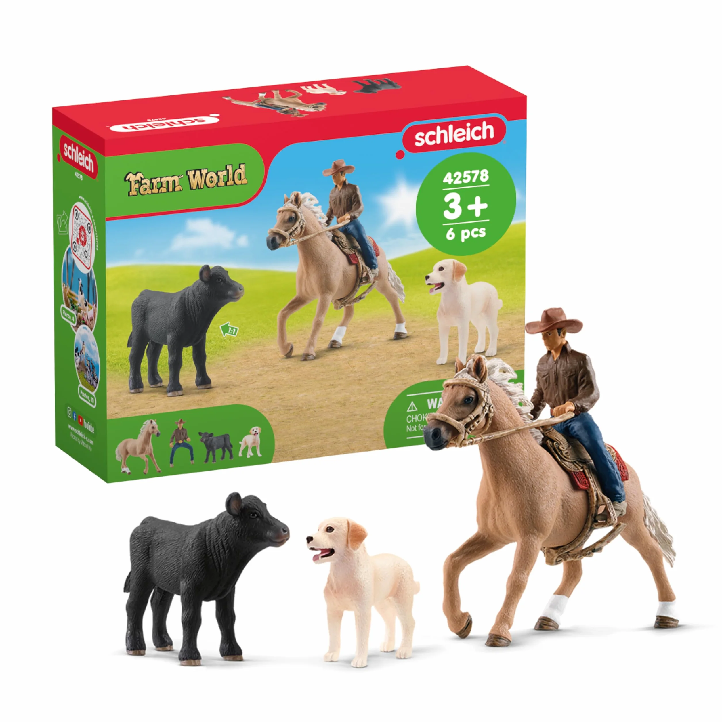 Schleich FARM WORLD | Jazda westernowa 42578 | zestaw farma z kowbojem, koniem, cielęciem i psem z uzdą i siodłem | akcesoria rodeo western | zabawka farma od 3 lat | zestaw 6 elementów