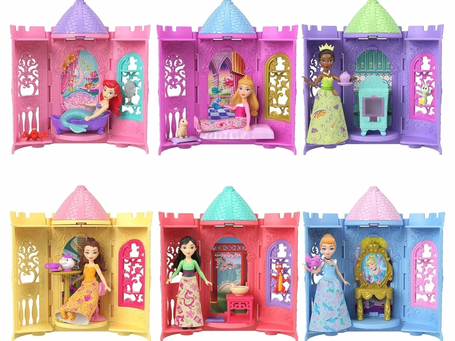 Mattel Disney Princess Tower Surprise Małe lalki i akcesoria, zestawy do układania w stos z 4 niespodziankami i przyjacielem z filmu Disneya (style mogą się różnić)