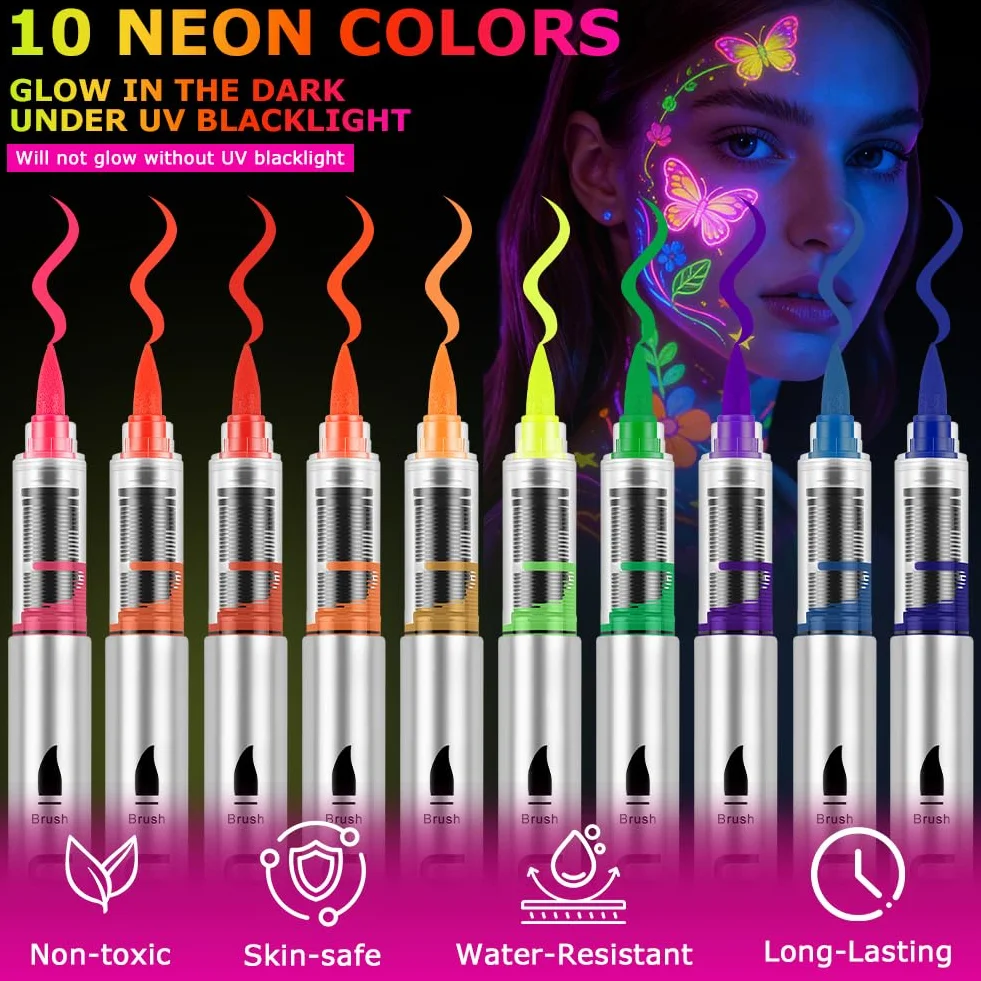 AOOWU Fluorescencyjne kredki do makijażu twarzy i ciała, 10 kolorów, zmywalne, neonowe, kolorowe, neonowe kolory, naturalne i bezpieczne, imprezy, makijaż, Halloween, karnawał