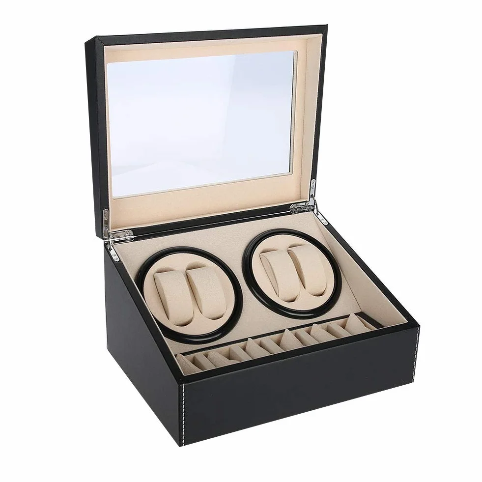 Pudełko na zegarek Nakrętka zegarka na 4 zegarki automatyczne + 6 etui na zegarek z siatką Cichy silnik, wielokrotny obrót Nakrętka zegarka brązowy 31 x 24 x 18 cm (czarny)