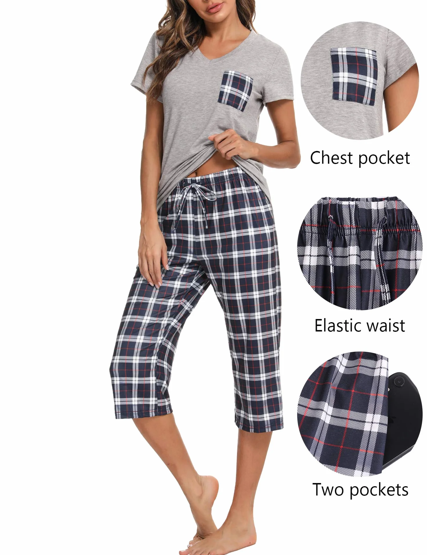 iClosam Piżama damska krótka piżama z krótkim rękawem, bawełna, dekolt w serek, zestaw bielizny nocnej, dwuczęściowy top z krótkim rękawem i długie spodnie piżamowe 3/4 w kratkę, strój wypoczynkowy na