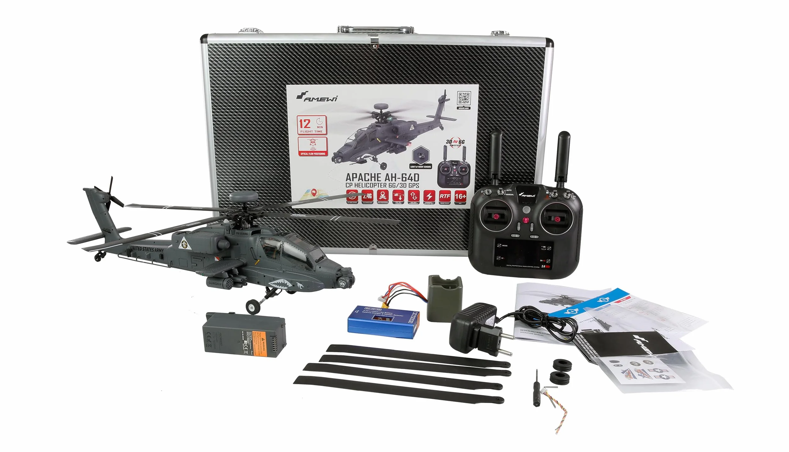 Amewi Apache AH-64D CP helikopter 6G/3D GPS RTF RC zdalnie sterowany heli helikopter, oliwkowa zieleń