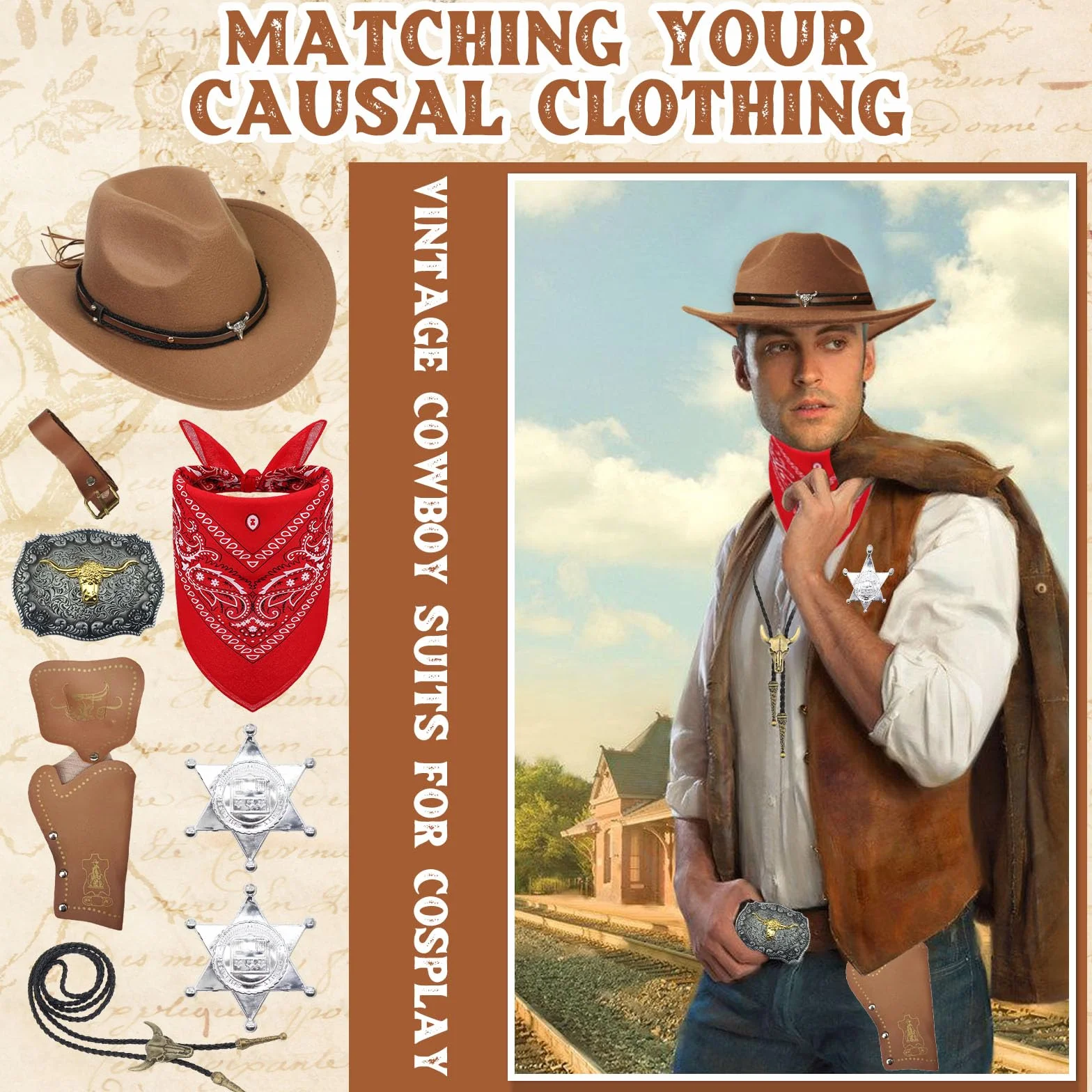 8-częściowy zestaw akcesoriów do kostiumu kowbojskiego, luksusowy zestaw do strojów western z brązowym kapeluszem, paisley bandana, pokrowcem na pistolet, paskiem, sprzączką do bolo