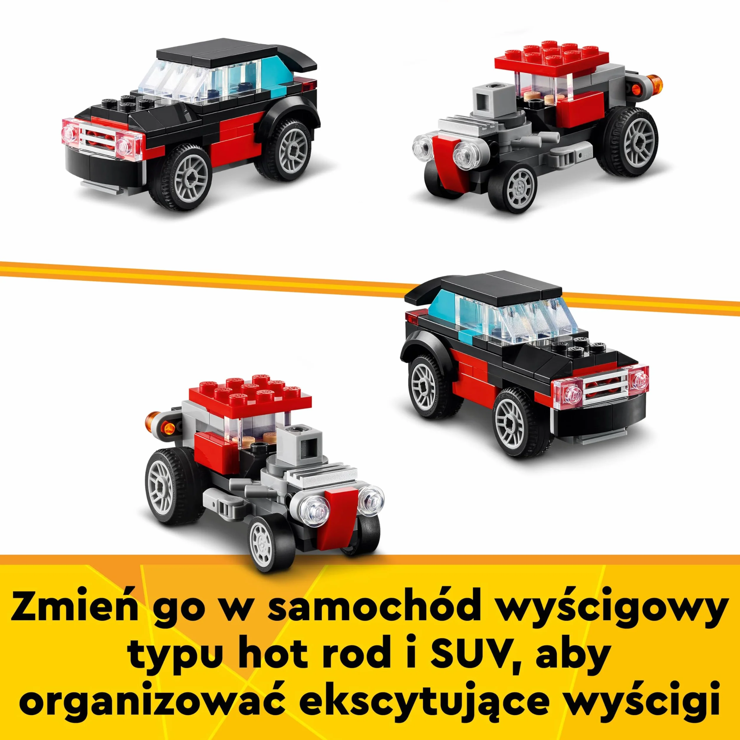 LEGO Creator 3w1 Ciężarówka z platformą i helikopterem do przebudowania na śmigłowiec i cysternę oraz w hot roda i SUV-a, zabawka i prezent dla dzieci, dla 7-latka, chłopca i dziewczynki, 31146