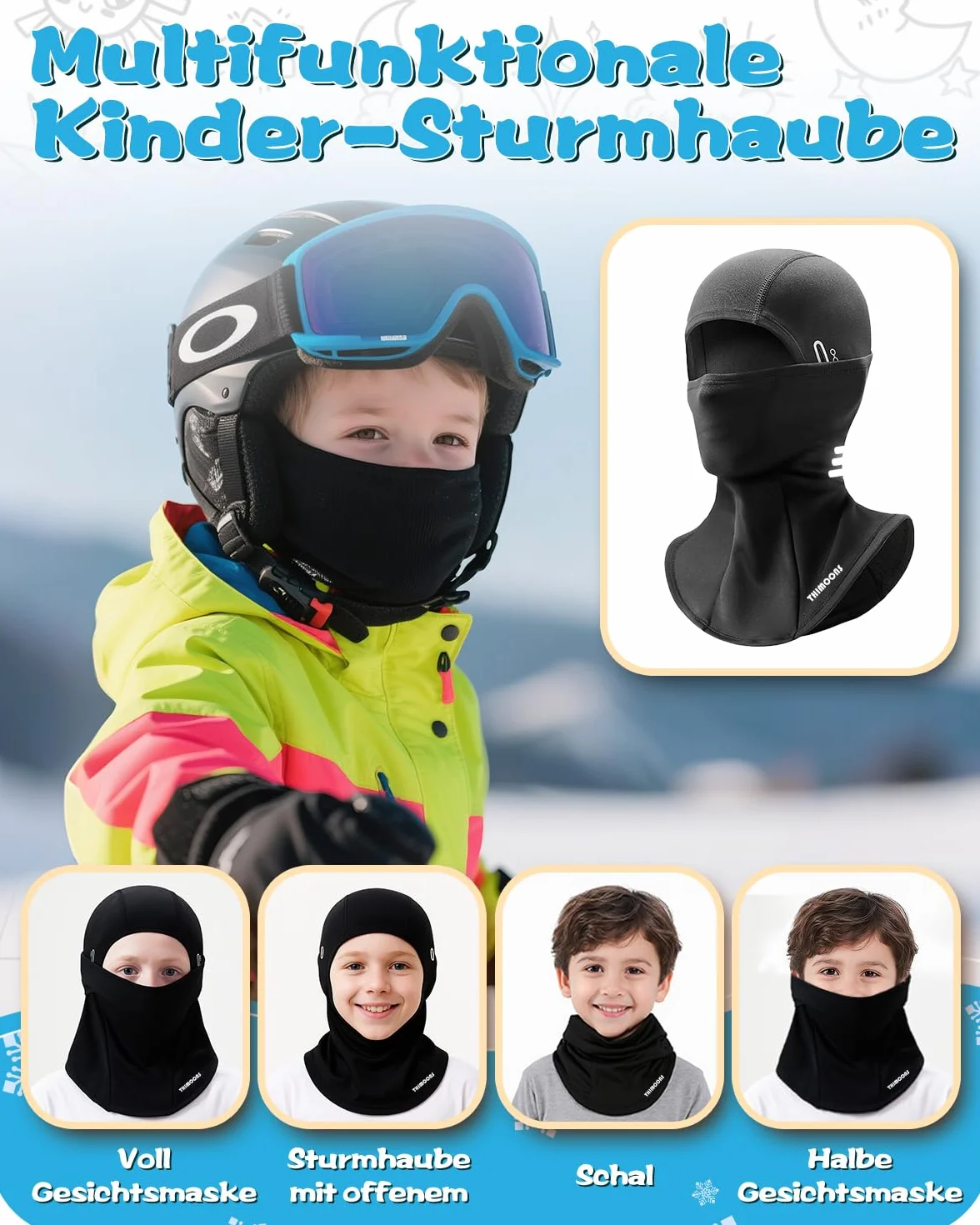 Kominiarka dziecięca na zimę | Odblaskowa, wiatroszczelna, ciepła Balaclava | na rower, snowboard, narty | Skimaska dla chłopców i dziewczynek, Rozmiar uniwersalny