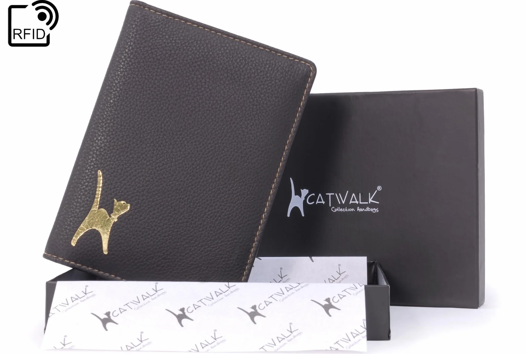 Catwalk Collection Handbags - Damskie Skórzane Etui na Paszport - Mały Portfel Podróżny na Karty - w Pudełku Upominkowym - RFID - Skye - Brązowy