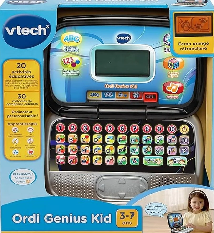 VTech - Ordi Genius Kid Black, komputer dla dzieci z podświetlanym ekranem, 20 zajęć i gier ewolucyjnych, zabawka edukacyjna, prezent dla dzieci w wieku od 3 lat do 7 lat - zawartość w języku