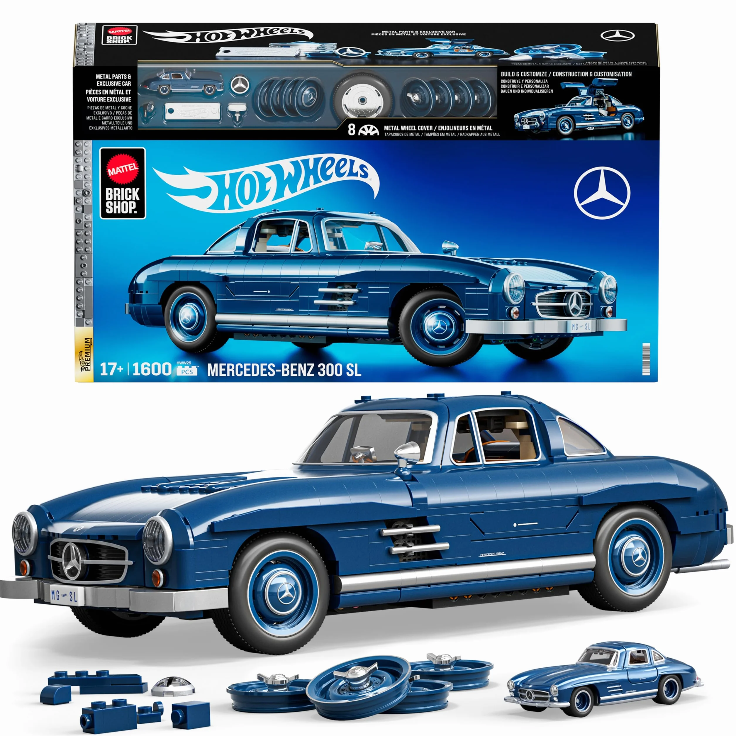 Hot Wheels Mercedes-Benz 300 SL Samochód kolekcjonerski do zbudowania z klocków w skali 1:12 (1600 elementów) i metalowy minimodel, kolekcjonerski zestaw prezentowy, HWW25