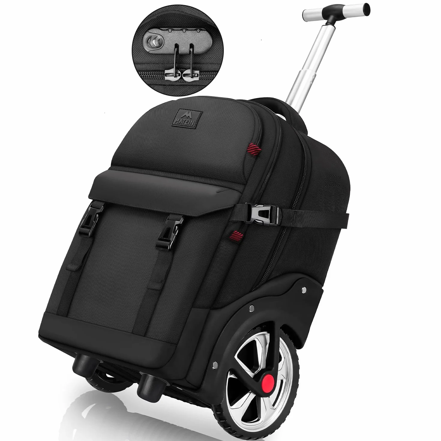 MATEIN Trolley Plecak Z Rolkami, 17,3-Calowy Plecak PodróżNy Z DużYmi KółKami, 50-Litrowy Plecak PodróżNy Z KółKami, Zamkiem Szyfrowym, Wodoodporny Do PodróżY SłUżBowych, Czarny