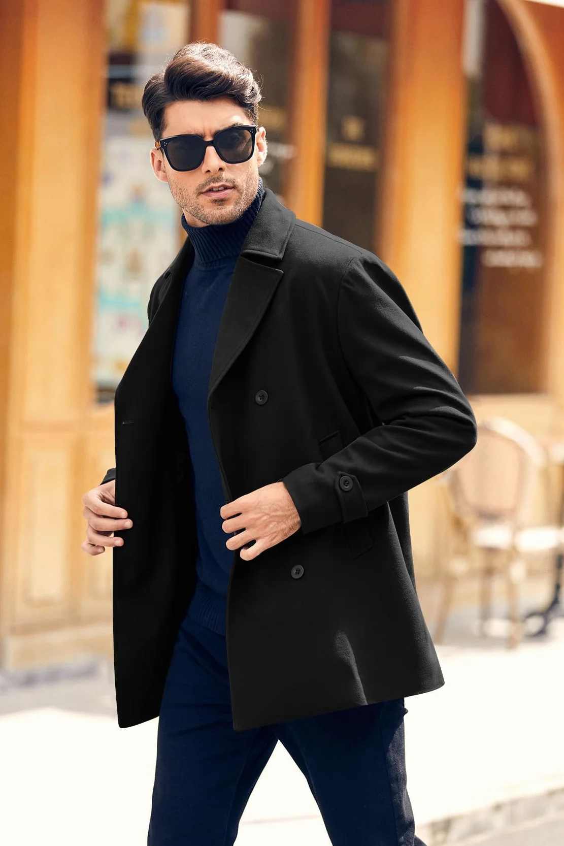 Runcati Męski klasyczny dwurzędowy płaszcz slim fit trencz casualowy długa kurtka zimowa ciepła odzież biznesowa