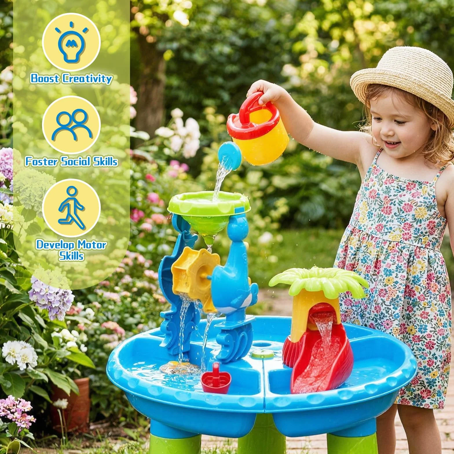 deAO Stół do zabawy wodnego 4 w 1, stół wodny dla dzieci, do użytku na zewnątrz, w zestawie forma do piasku, szufla, konewka, aktywność sensory play, stół do wody, zabawka dla dzieci od 2, 3, 4 lat,