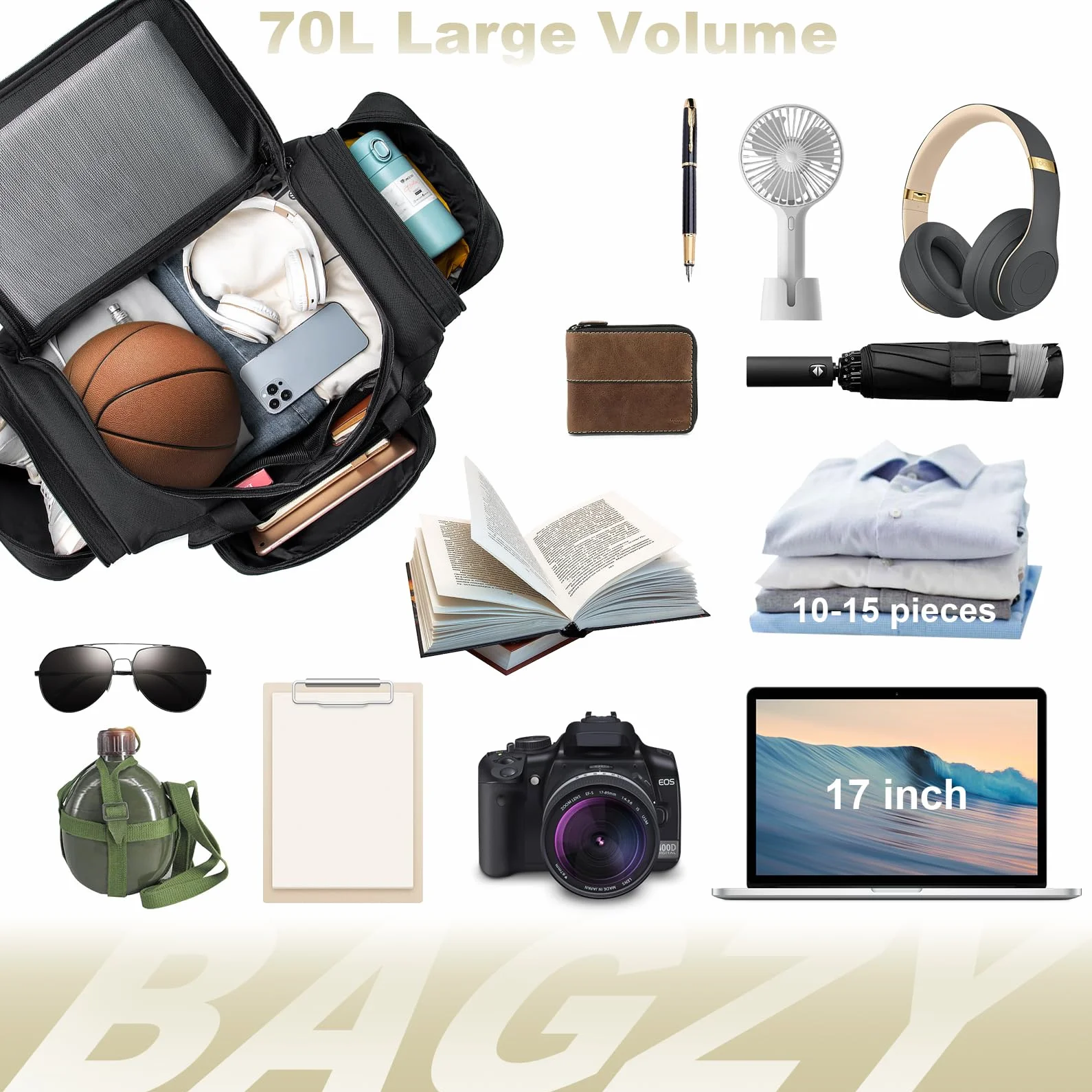 BAGZY Torba podróżna, 65 l, składana torba podróżna, sportowa torba na siłownię, torba weekendowa, torba na bagaż podręczny, bagaż podręczny, na noc, Żółto-niebieski (70 l), 65 x 30 x 35 cm Gris