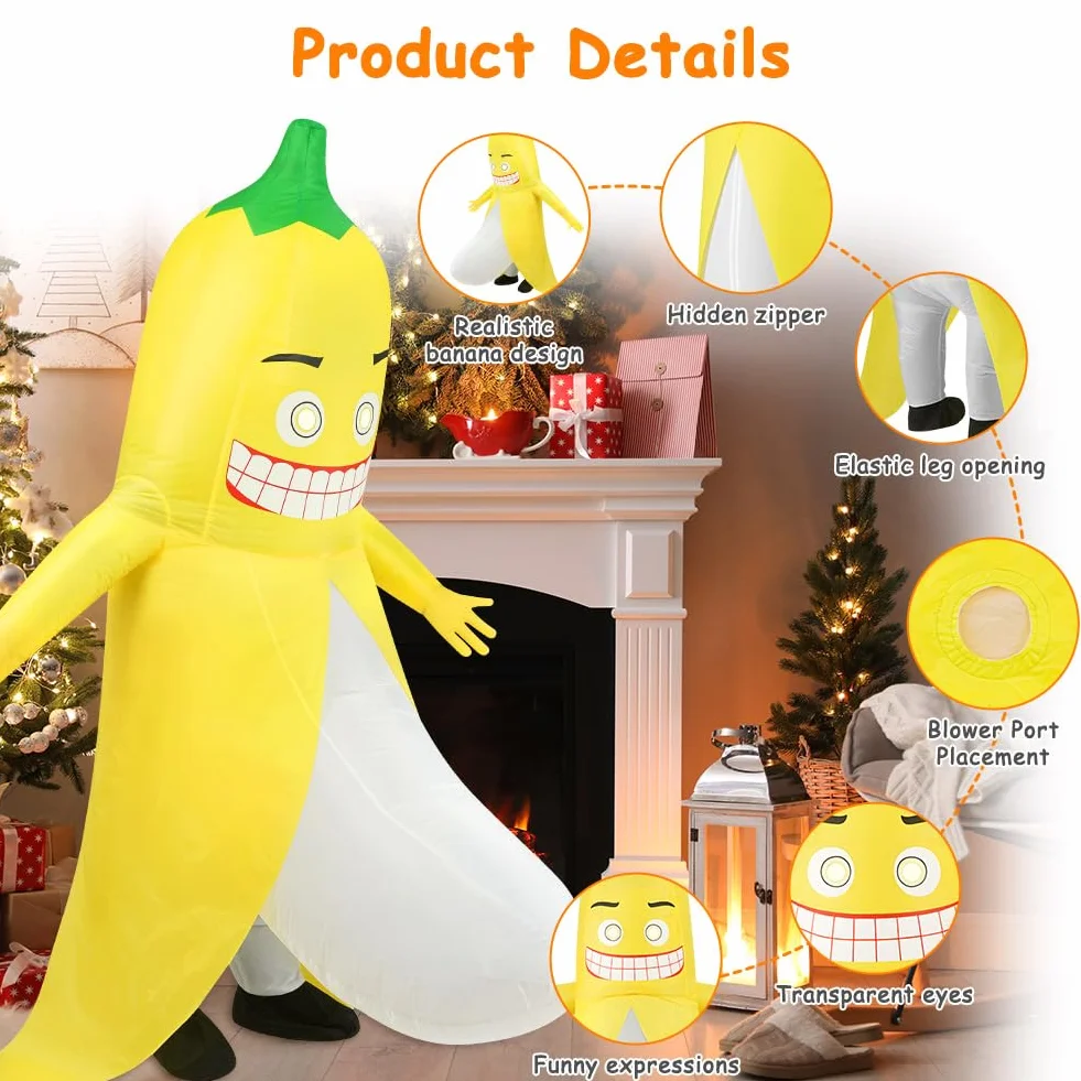 Kostium bananowy, nadmuchiwany kostium bananowy dla dorosłych z zamkiem błyskawicznym, nadmuchiwana odzież ze złego banana dla dorosłych, kostiumy halloweenowe na imprezę, karnawał i Boże