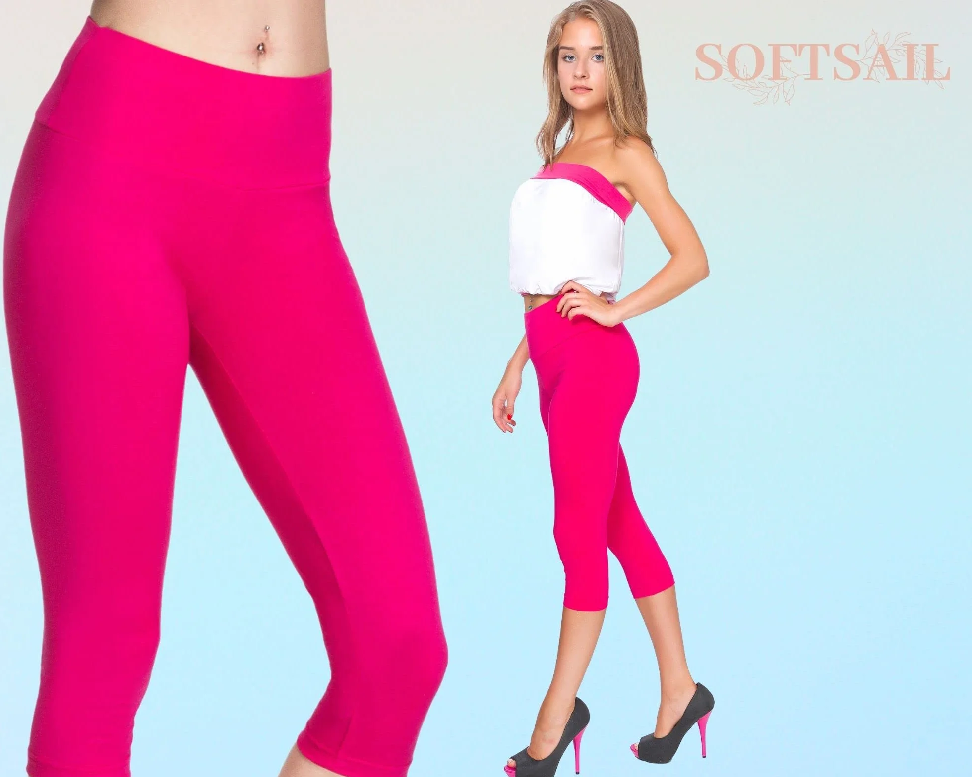 SOFTSAIL Legginsy damskie o długości 3/4 z wysoką talią i regulacją brzucha, oddychające, rozciągliwe, swobodne, klasyczne spodnie bawełniane LWP34 LWP34