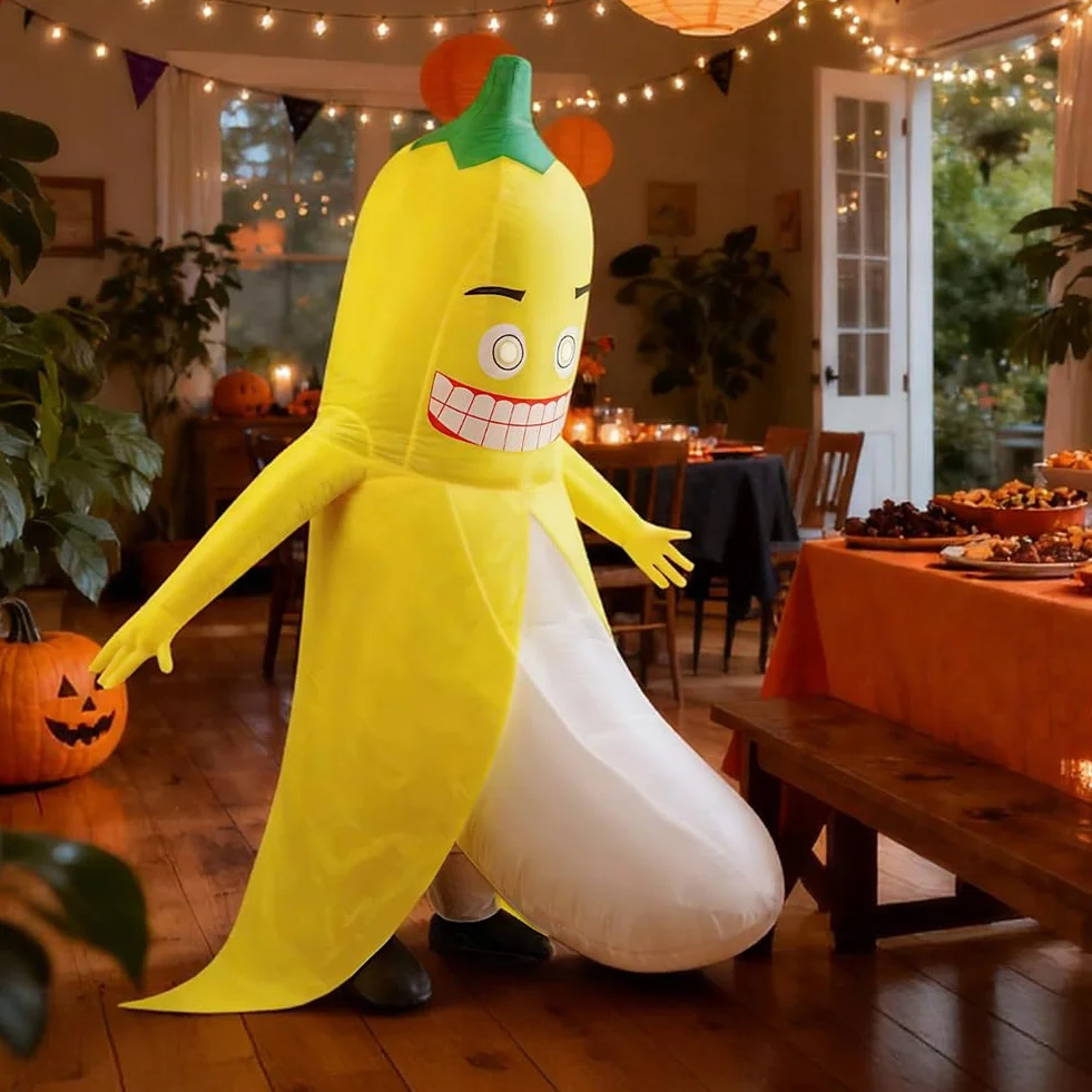 Kostium bananowy, nadmuchiwany kostium bananowy dla dorosłych z zamkiem błyskawicznym, nadmuchiwana odzież ze złego banana dla dorosłych, kostiumy halloweenowe na imprezę, karnawał i Boże