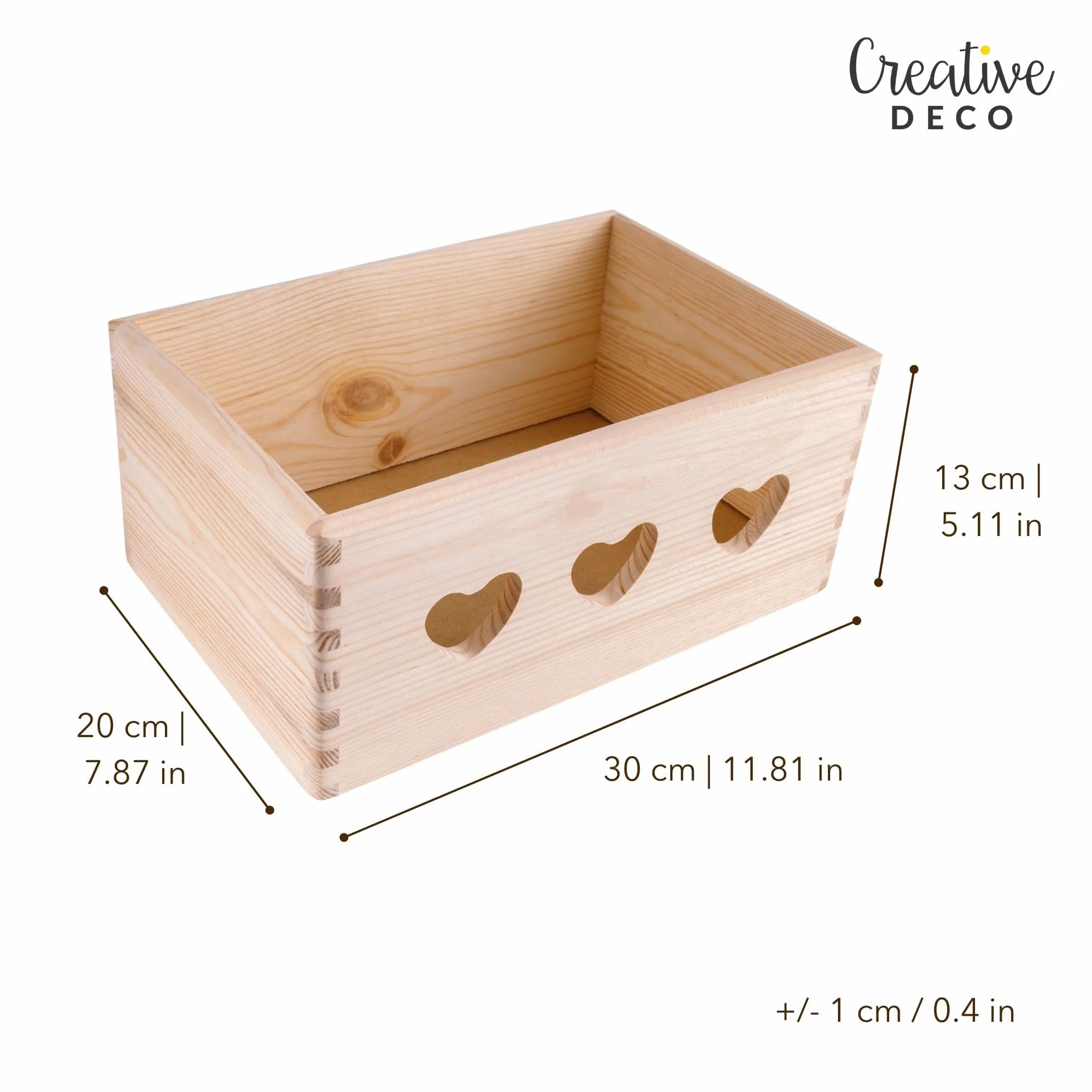 Creative Deco Drewniana Skrzynia do Przechowywania Niepomalowana | 30 x 20 x 13 cm (+/- 1 cm) | z Otworami w Kształcie Serca | Pudełko na Prezent, Wielkanoc, Zabawki, Kosz Upominkowy, do Dekoracji