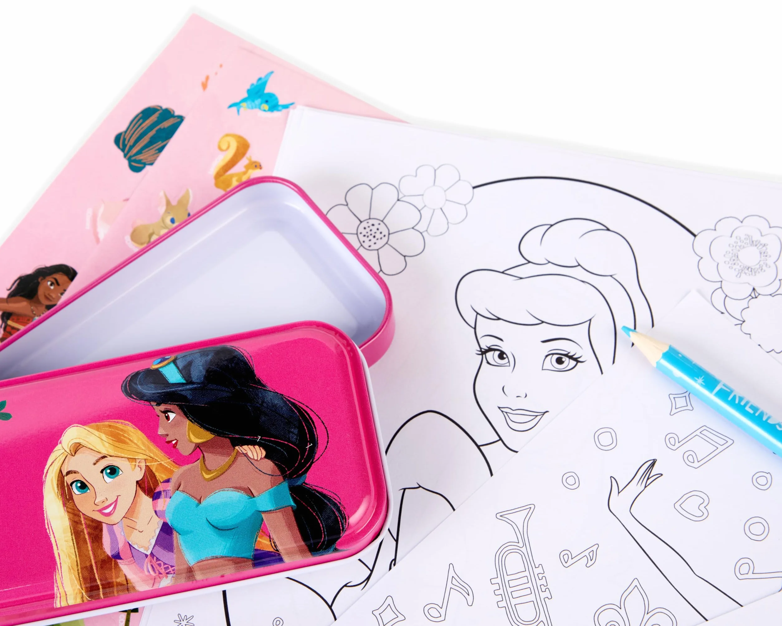 Disney Princess Travel Zestaw do pisania i rysowania Vaiana, Kopciuszek i Roszpunka | Kreatywny zestaw do rysowania i rysowania dla dzieci z piórnikiem, długopisami i liśćmi do kolorowania |