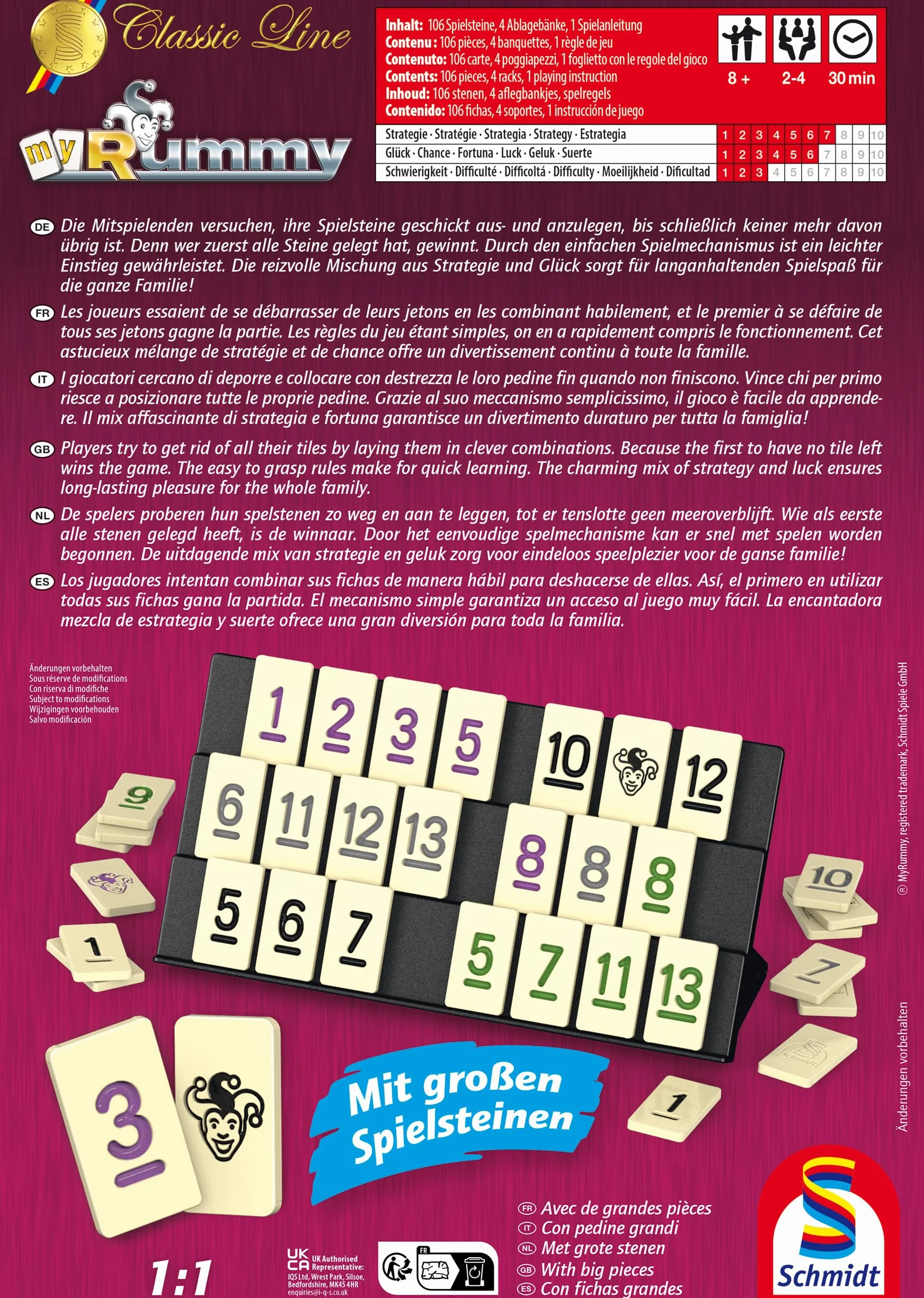 Schmidt Spiele 49474 MyRummy, Classic Line, gra z dużymi kamieniami do gry, w metalowej puszce
