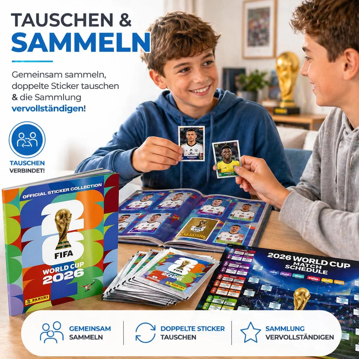 Panini WM 2026 zestaw naklejek i albumów – Mistrzostwa Świata 2026 – piłka nożna – z łańcuszkiem z kwiatów – album – plan meczów (1 torba/13 naklejek)