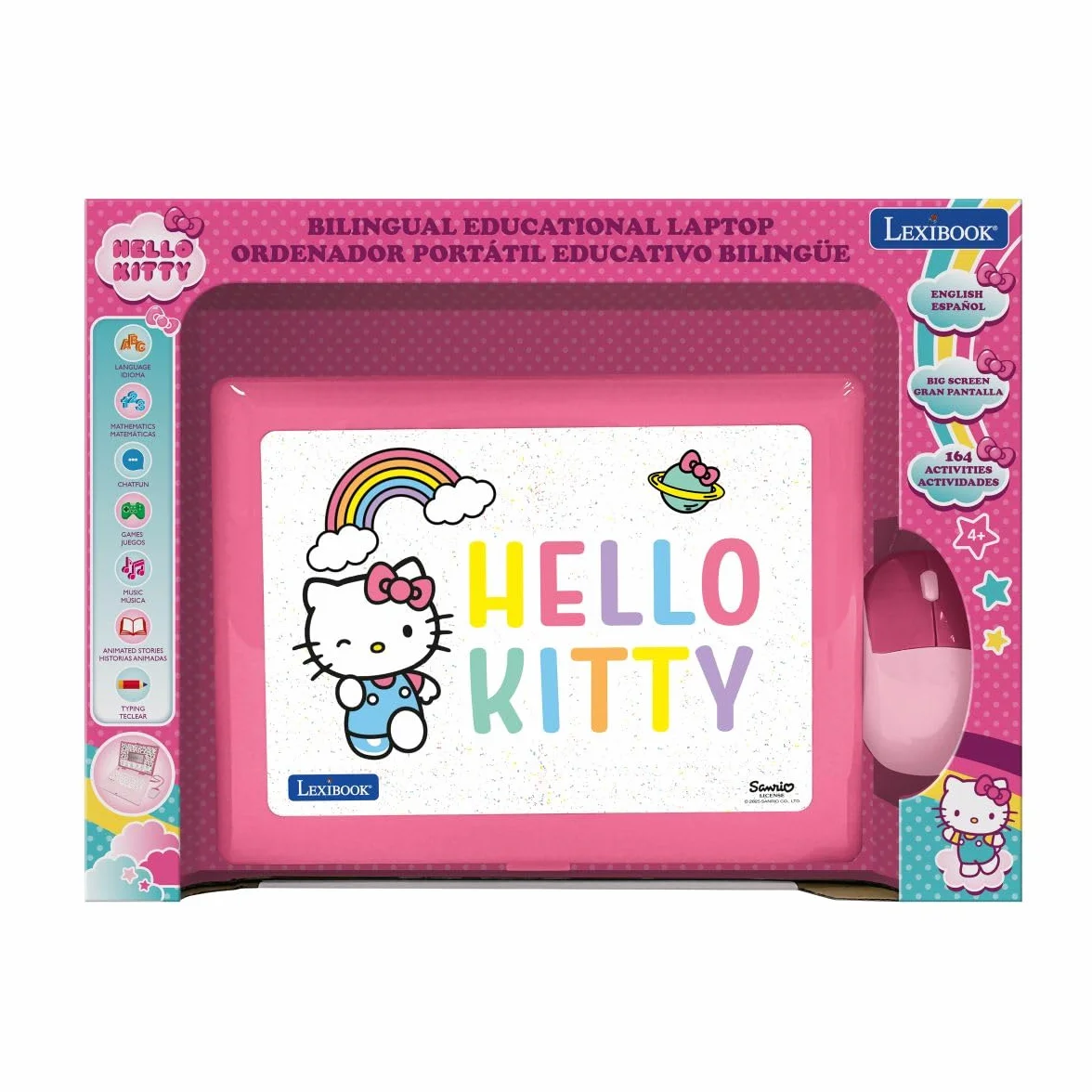 LEXIBOOK, Hello Kitty, dwujęzyczne przenośne urządzenie edukacyjne, angielski/hiszpański, 164 zajęcia językowe, pisanie, matematyka, logika, muzyka i gry, dla chłopców i dziewcząt, JC598HKi2