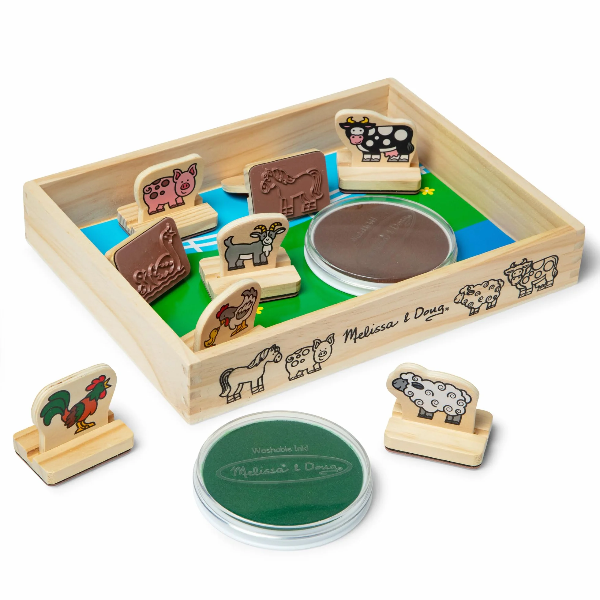 Melissa & Doug My First Wooden Stamp Set - Farm Animals Zestaw Drewnianych Pieczątek, Wielokolorowy, 8 Pieczątek