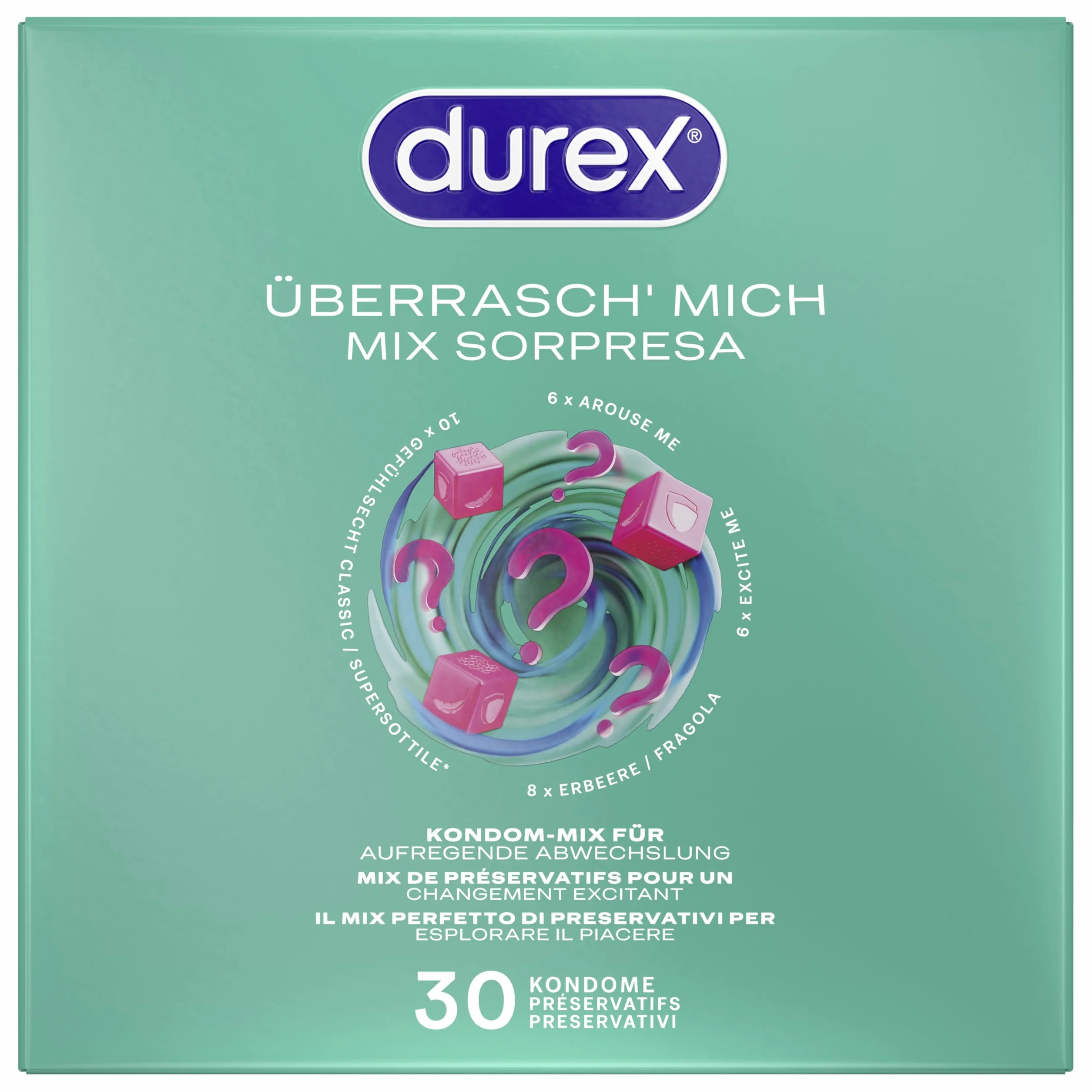 Durex "Mich prezerwatywy – ekscytująca różnorodność dla jeszcze większej zabawy – zestaw mieszany – pakiet próbny – JGA – duże opakowanie 30 sztuk (1 x 30 sztuk)