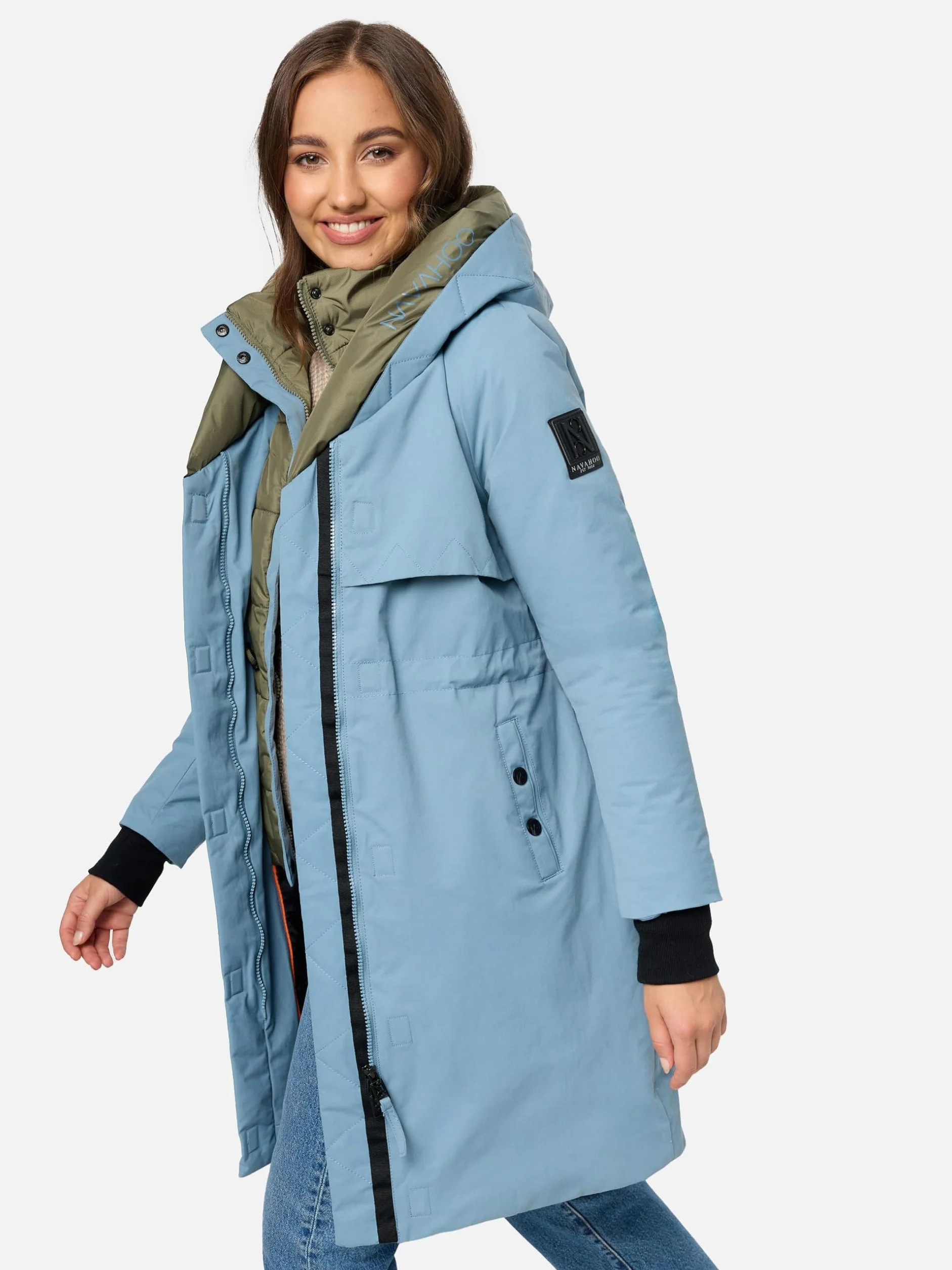 Navahoo Damski płaszcz, długi, ciepły, zimowy, pikowana kurtka z kapturem, Snowelf XS-XXL