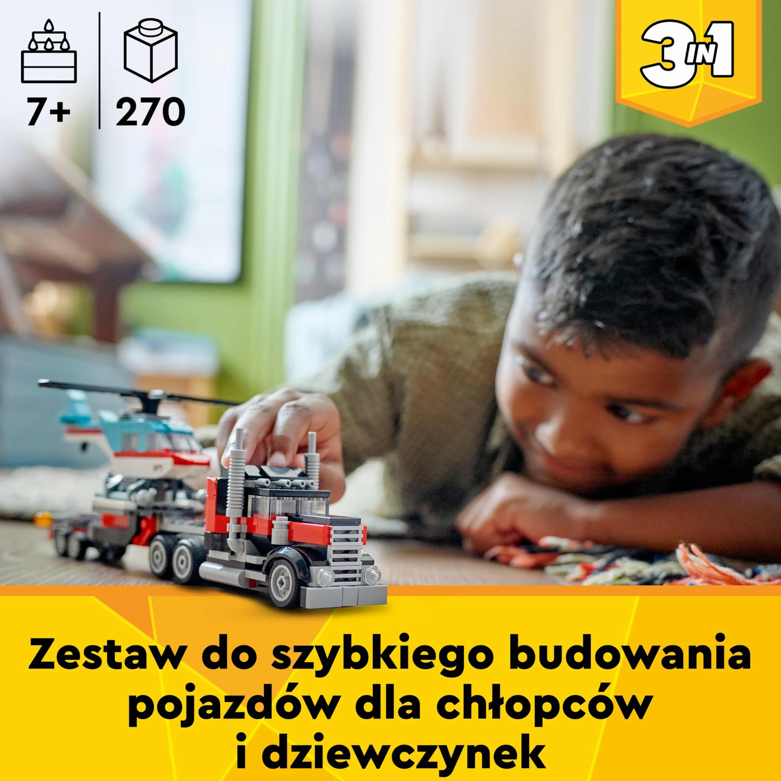 LEGO Creator 3w1 Ciężarówka z platformą i helikopterem do przebudowania na śmigłowiec i cysternę oraz w hot roda i SUV-a, zabawka i prezent dla dzieci, dla 7-latka, chłopca i dziewczynki, 31146