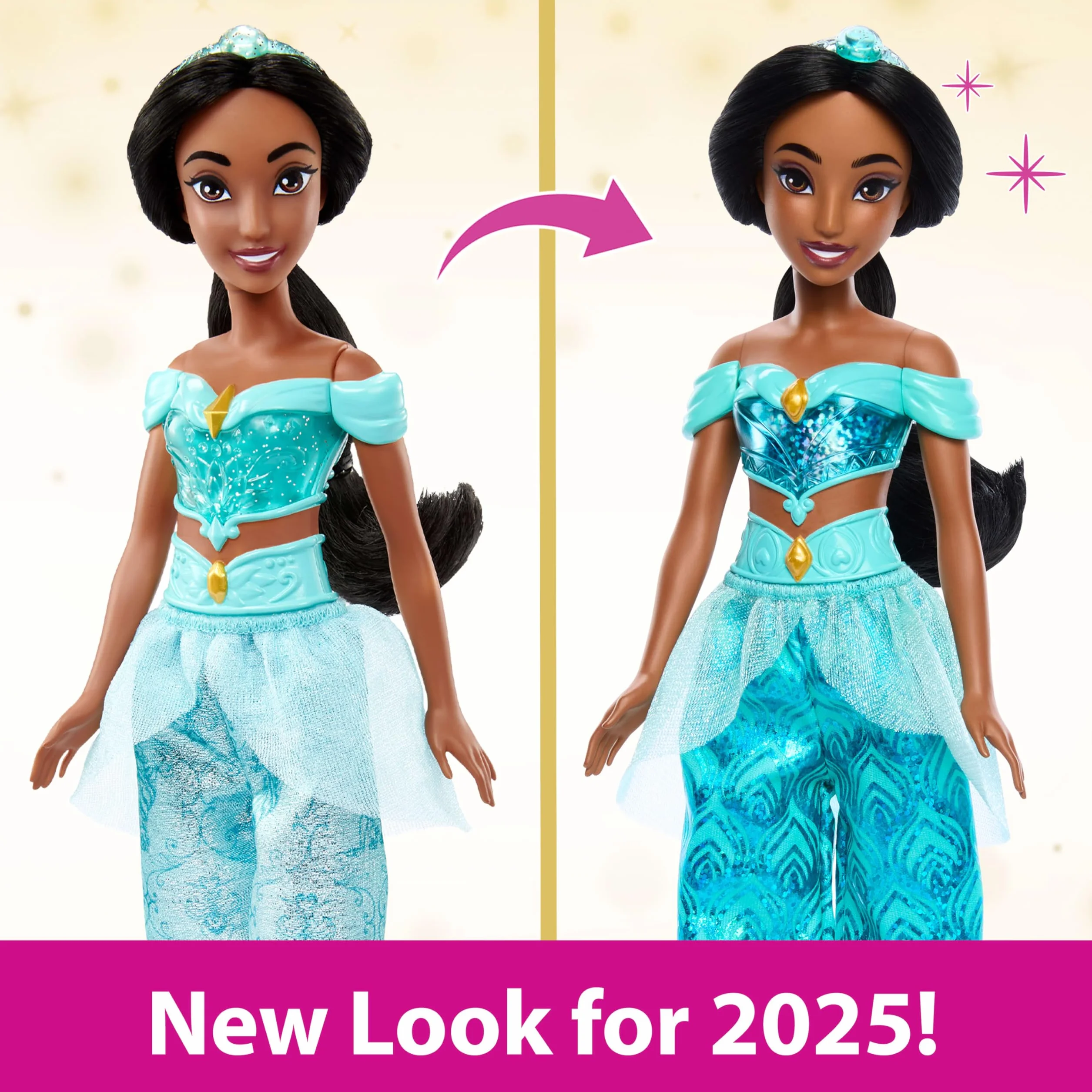 Mattel Księżniczka Disneya Dżasmina Lalka z punktami zgięcia, błyszczącym ubrankiem i akcesoriami inspirowanymi filmem Disneya, prezent dla dzieci HLW12