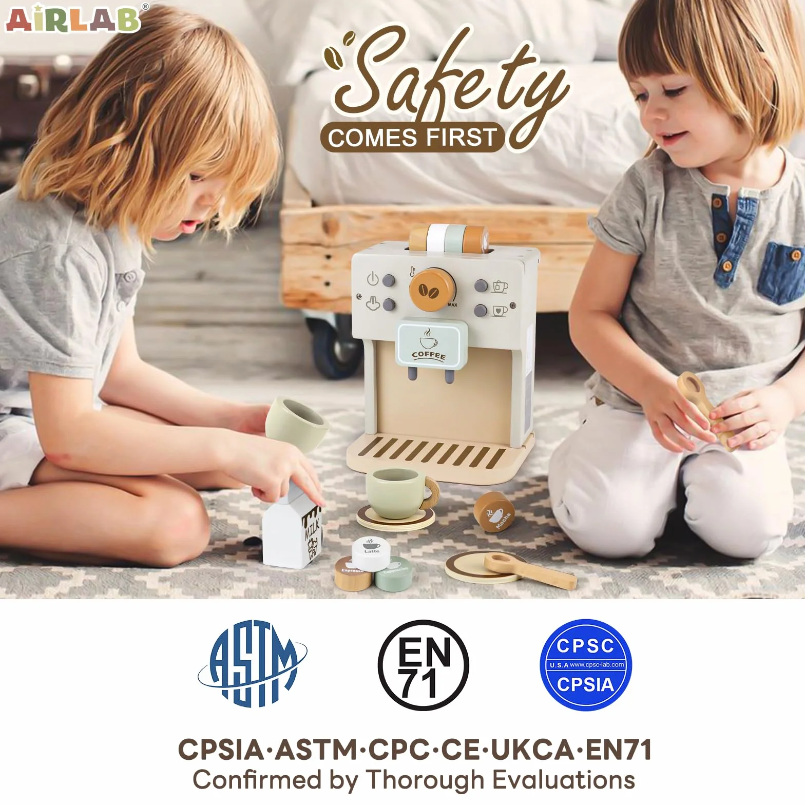 Airlab Drewniany ekspres do kawy, 12-częściowy zestaw akcesoriów kuchennych i podwieczorek dla maluchów, Zestawy do zabawy w kuchnię dla dzieci, Zabawki do odgrywania ról dla dziewczynek i chłopców